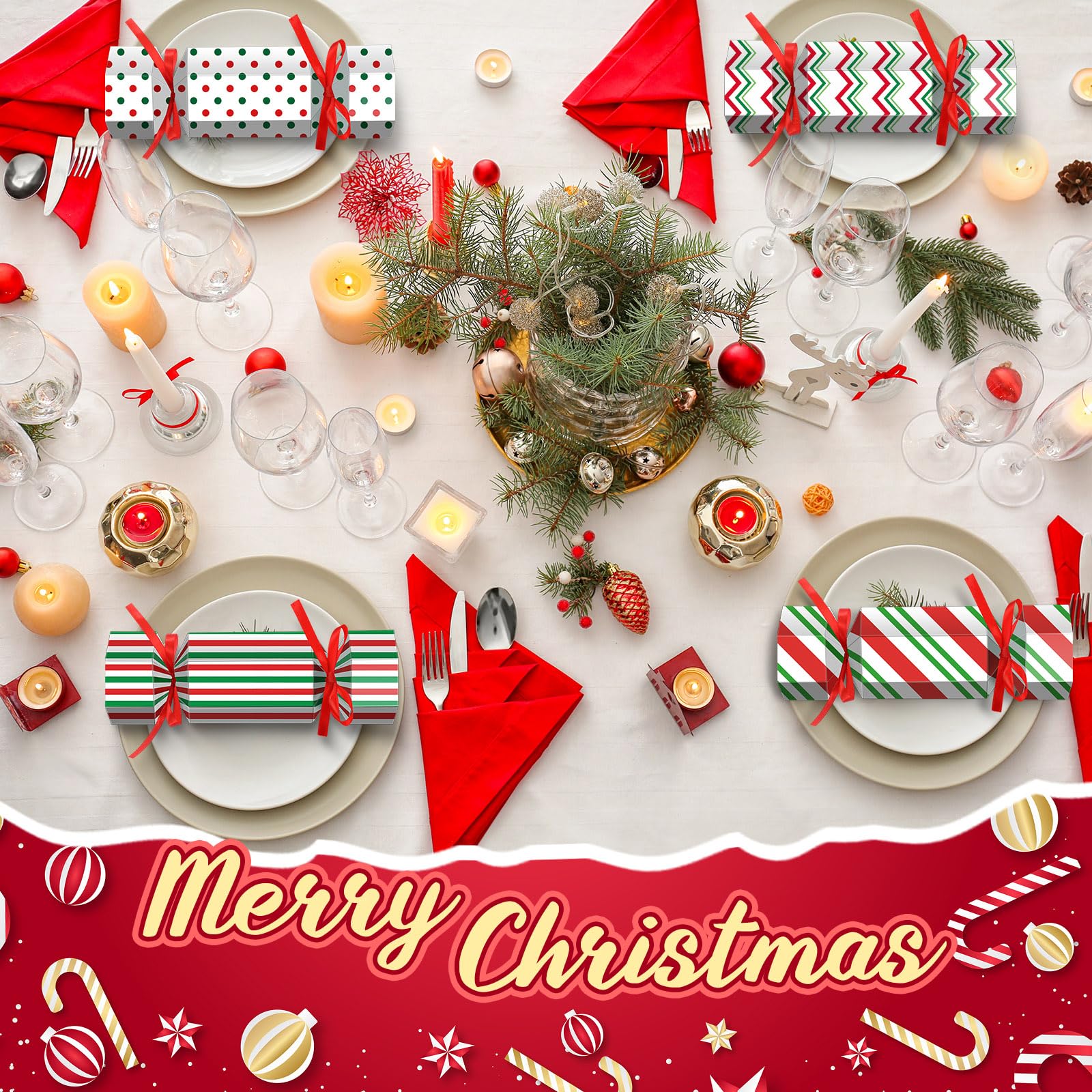 Spakon 60 Pack Christmas Crackers - No Snap Party Favors, DIY Holiday Table Decorations for Christmas Dinner, Xmas Gifts & Party Supplies (Striped Design) - Perfect for Family Gatherings, Office Parties & Festive Celebrations