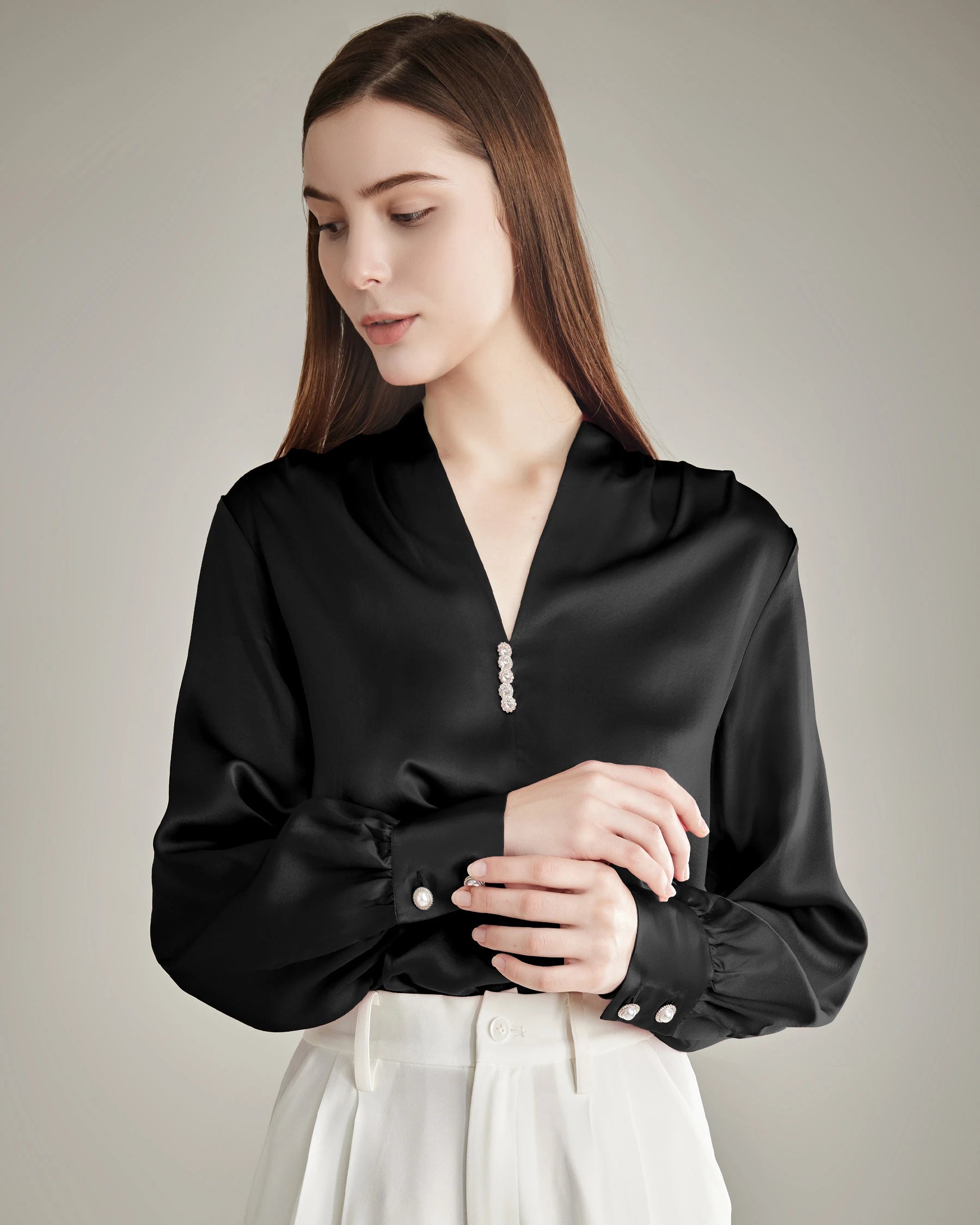Elegant Women's Rhinestone Buttons Silk Blouse - Formal & Party Wear for Office, Dinner & Special Occasions