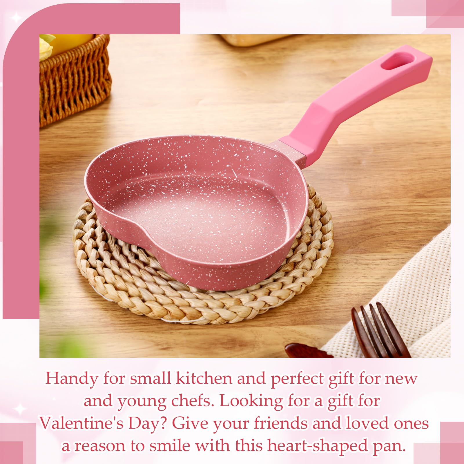 Heart-Shaped Pancake Pan - Nonstick Mini Frying Pan with Granite Coating for Eggs, Pancakes, Burgers - Perfect for Valentine's Day Breakfast, Kids Cooking & Romantic Dinners - Pink