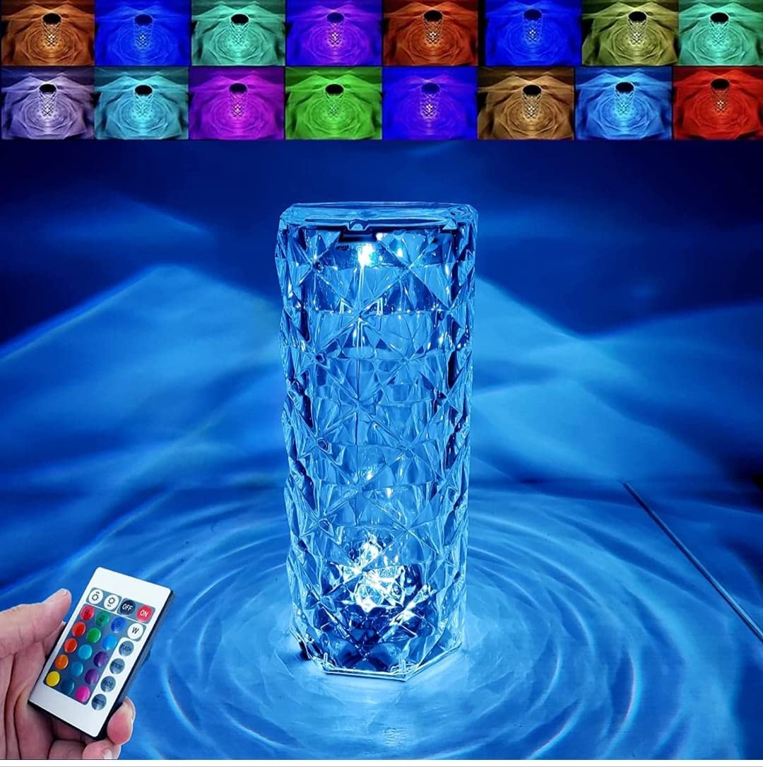 16 Color Changing Crystal Diamond Table Lamp - USB Touch Control Bedside Night Light with Rose Acrylic Base | Romantic LED Mood Lighting for Bedroom, Living Room, Office Decor | Perfect for Relaxation, Gift Giving & Home Ambiance