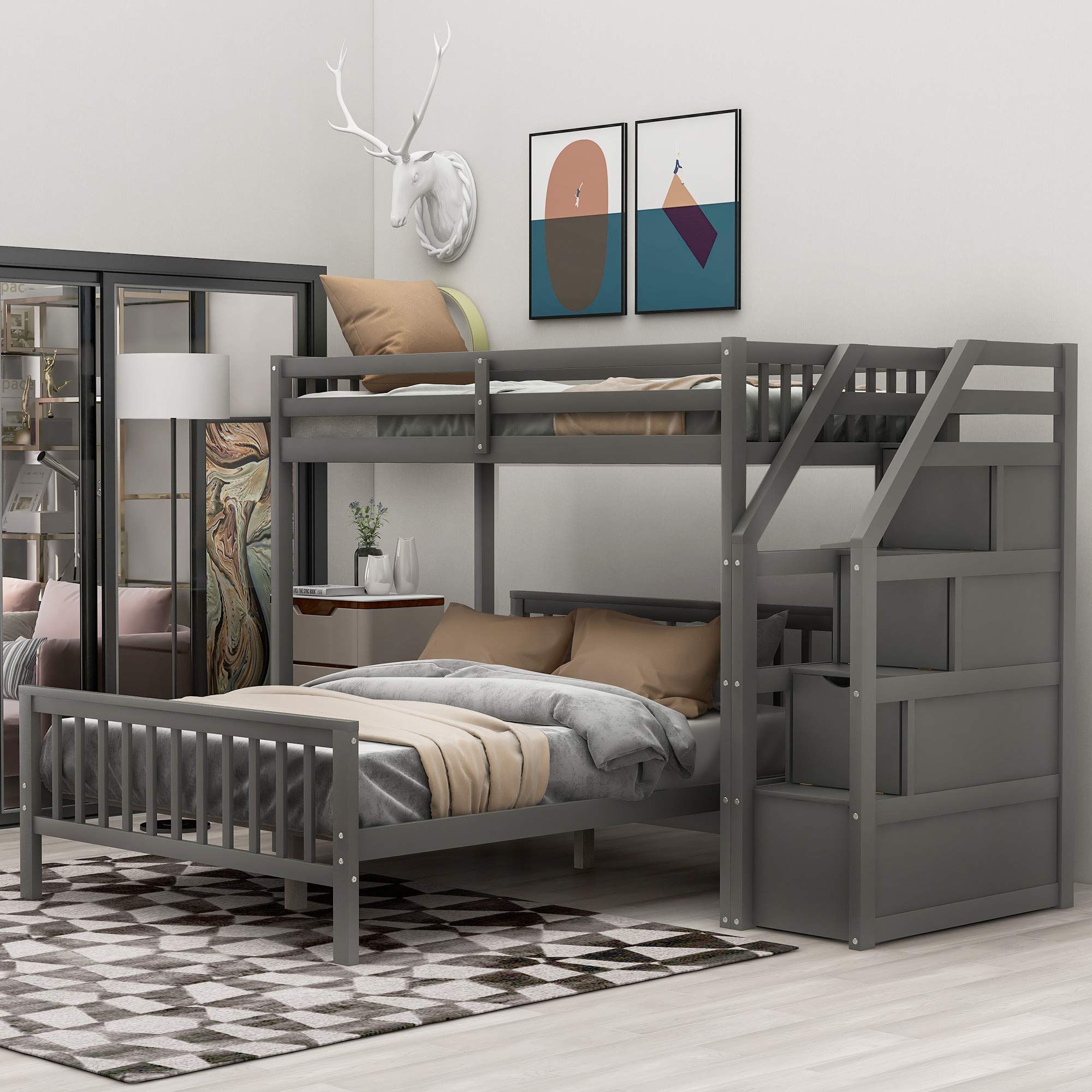 Harper & Bright Designs Twin Over Full L-Shaped Wood Bunk Beds for Kids with Stairway & Storage - No Box Spring Needed, Gray - Perfect for Small Bedrooms, Shared Kids' Rooms & Space-Saving Sleep Solutions