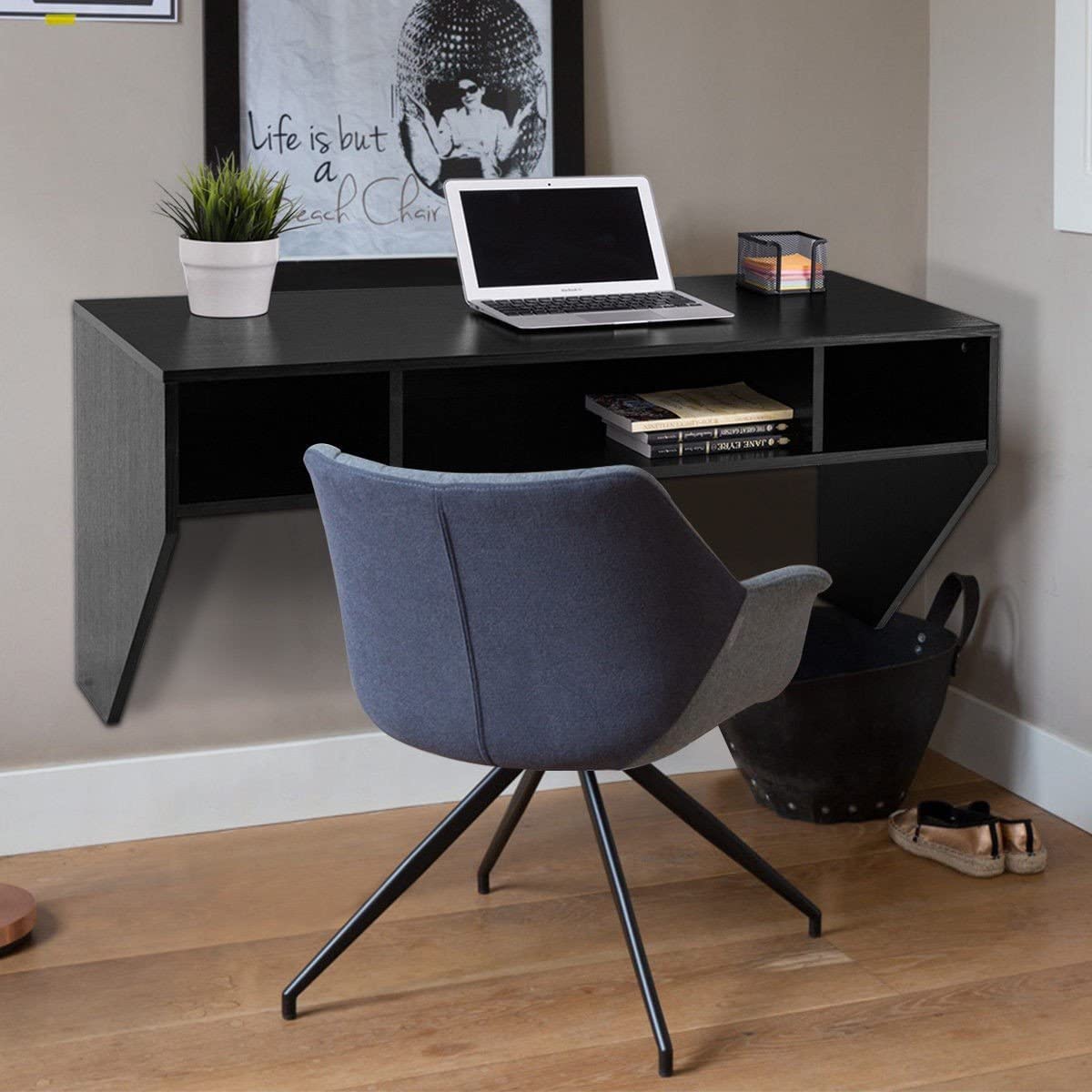 Giantex Wall Mounted Floating Computer Desk with 3 Storage Shelves - Compact Writing Study Table for Laptop, PC - Perfect for Small Spaces in Living Room, Bedroom & Home Office (Black) - Ideal for Remote Work, Online Classes & Space-Saving Home Organization