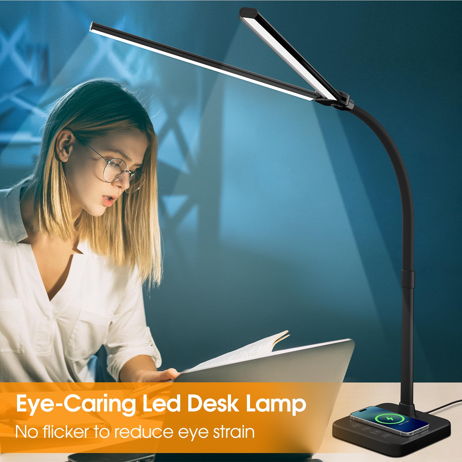 ShineTech 24W LED Desk Lamp with Wireless Charging & USB Port - Adjustable Gooseneck Dual Head Office Light, 25 Lighting Modes for Home, Study, Reading & Workstation (Black) | Perfect for Night Work, Gaming Setup & Dorm Room Lighting
