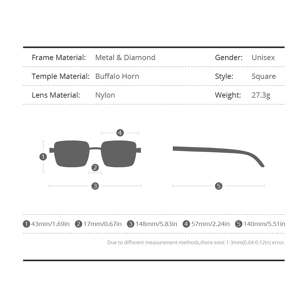HEPIDEM 100% Genuine Buffalo Horn Sunglasses for Men - Rimless Square Frame UV Protection Polarized Lenses - Perfect for Driving, Outdoor Activities & Fashion Accessories