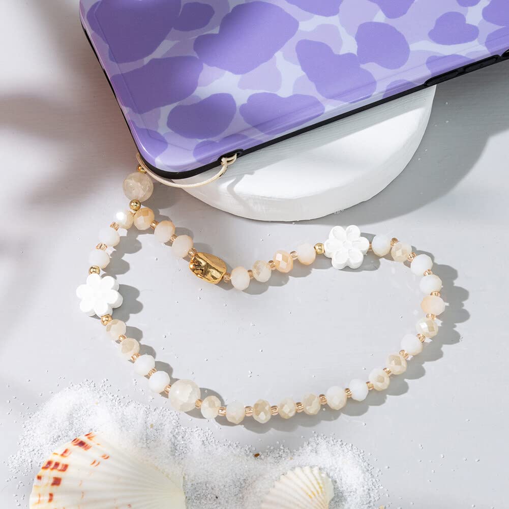 Beaded Flower Phone Lanyard Wrist Strap - Crystal Beaded Phone Charm String, Anti-Lost Cell Phone Chain Strap, Cute Keychains, Fashion Phone Accessories in Beige for Everyday Use, Travel, and Gifting