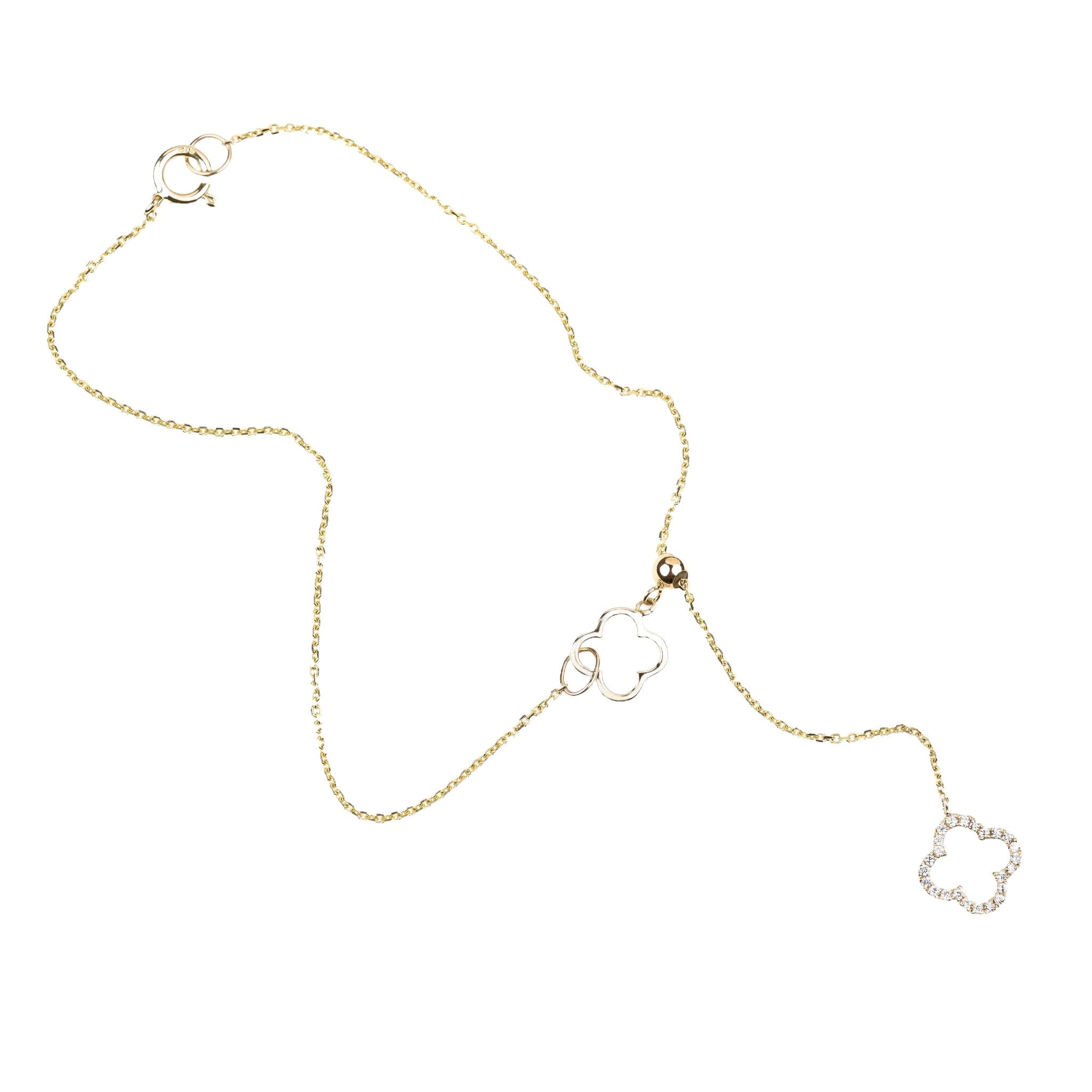 14K Yellow Gold Diamond Clover Lariat Bolo Bracelet - Elegant Adjustable Charm Bracelet for Women, Perfect for Weddings, Anniversaries & Everyday Wear