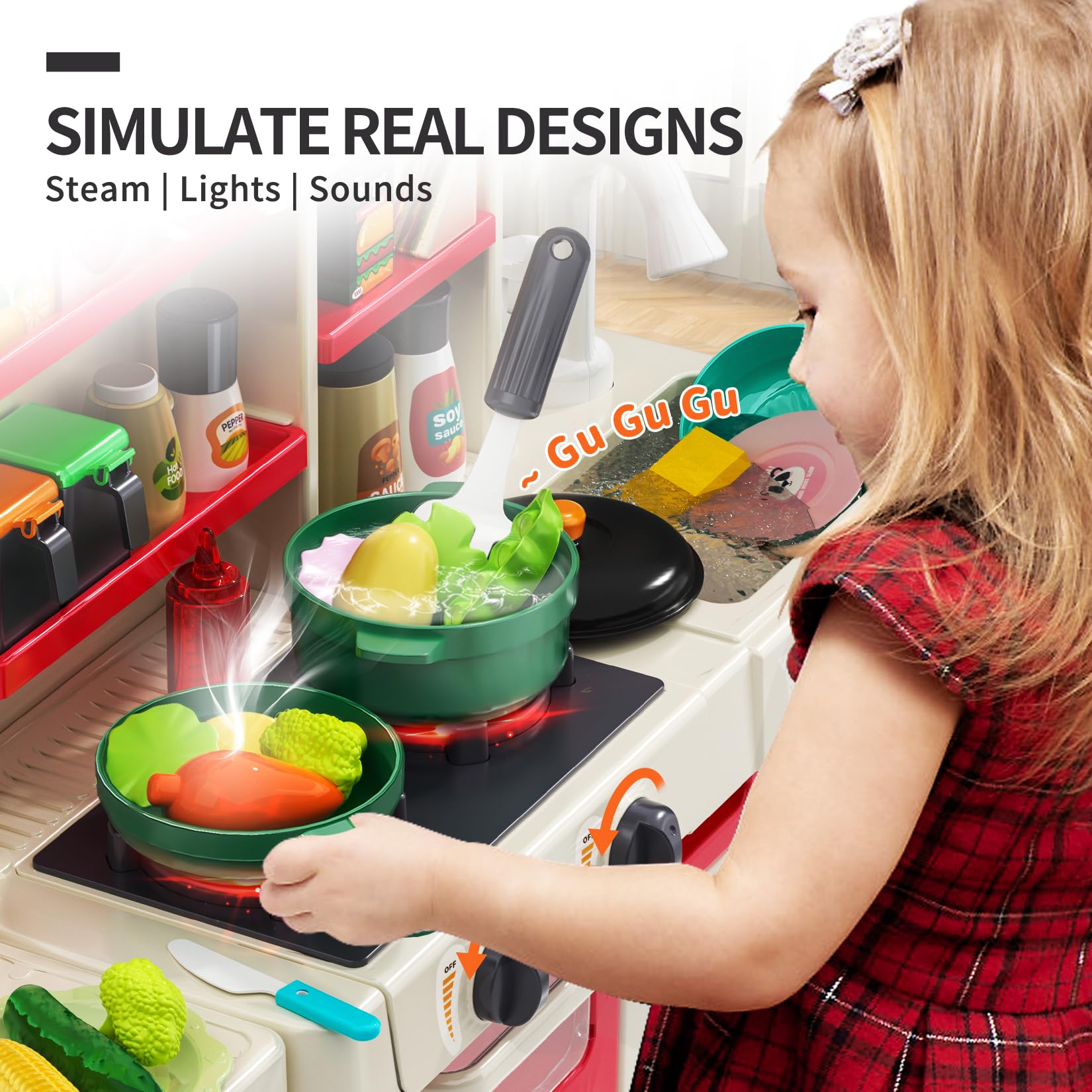**Red Play Kitchen Toy Set for Kids with Real Steam, Sounds, Lights & Sink - Pretend Play Kitchen with Food & Accessories - Perfect Gift for Toddlers & Preschoolers (Birthday, Christmas, Role Play Fun)**