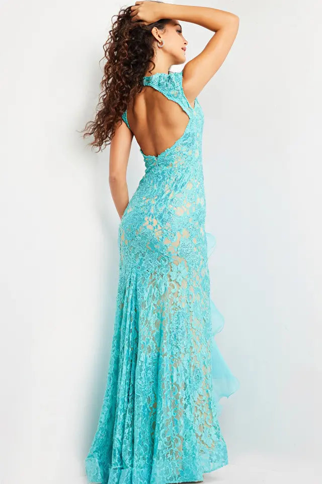 Jovani 38668 Emmy Lace Beaded High Slit Ruffle Gown - Elegant Evening Dress for Prom, Wedding & Formal Events