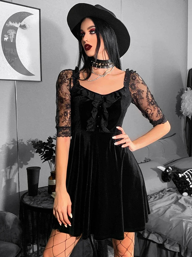 Gothic Velvet Black Summer Mini Dress for Women - Short Sleeve See-Through A-Line Party Dress with Backless Design | Sexy Clubwear, Night Out, Date Night, Halloween Costume