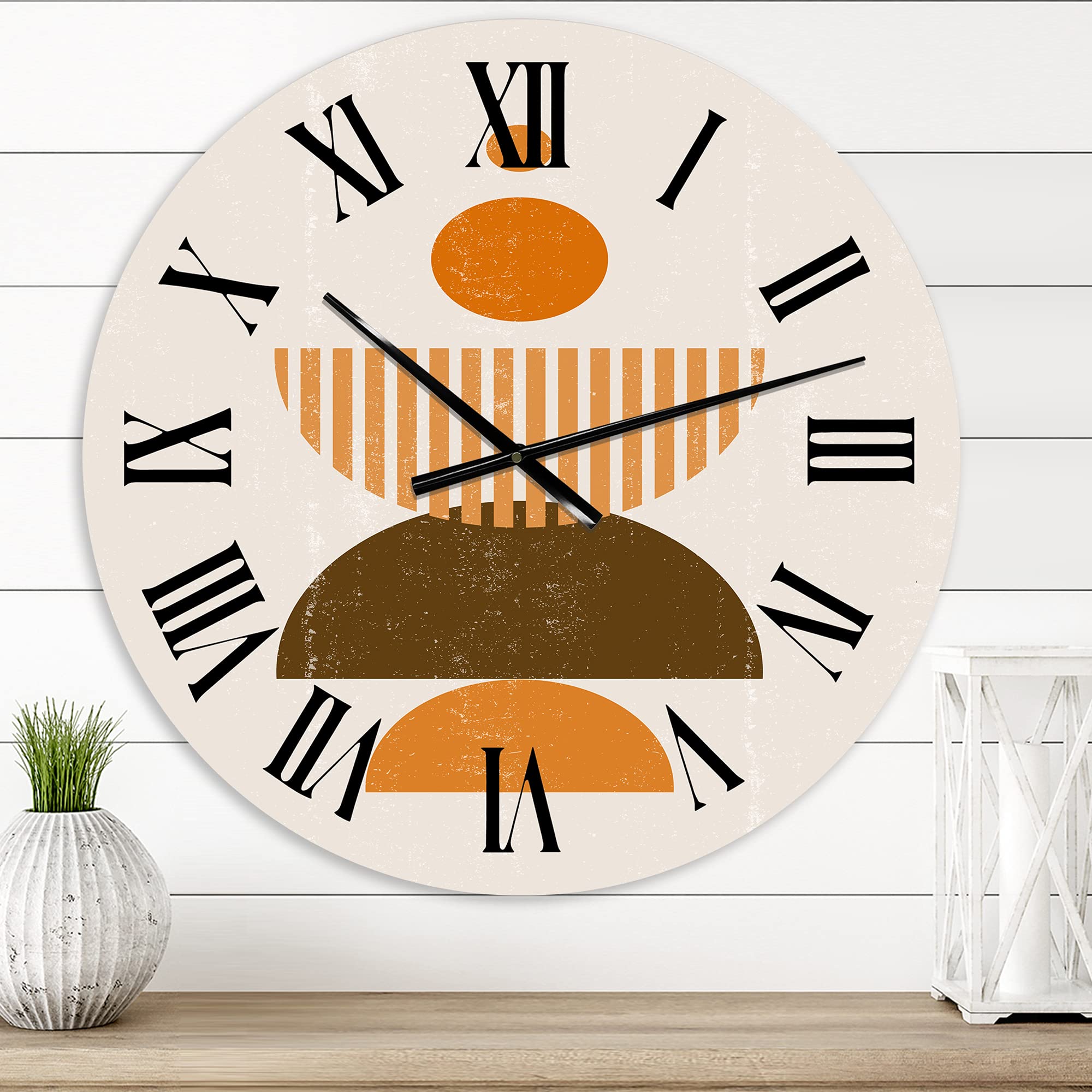 Abstract Minimal Sun and Moon Wall Clock - Large Modern Geometric Wall Decor in Earth Tones for Bedroom, Living Room & Office | Silent Non-Ticking Battery Operated Clock