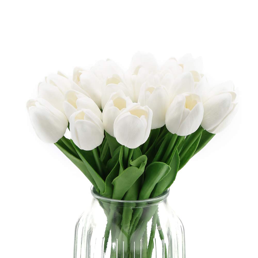24PCS White Tulips Artificial Flowers - Real Touch Fake Tulips for Home Decor, Wedding Bouquet, Party Centerpieces, Baby Shower & Bridal Decor | Lifelike Silk Flowers for Table, Vase & Event Decoration