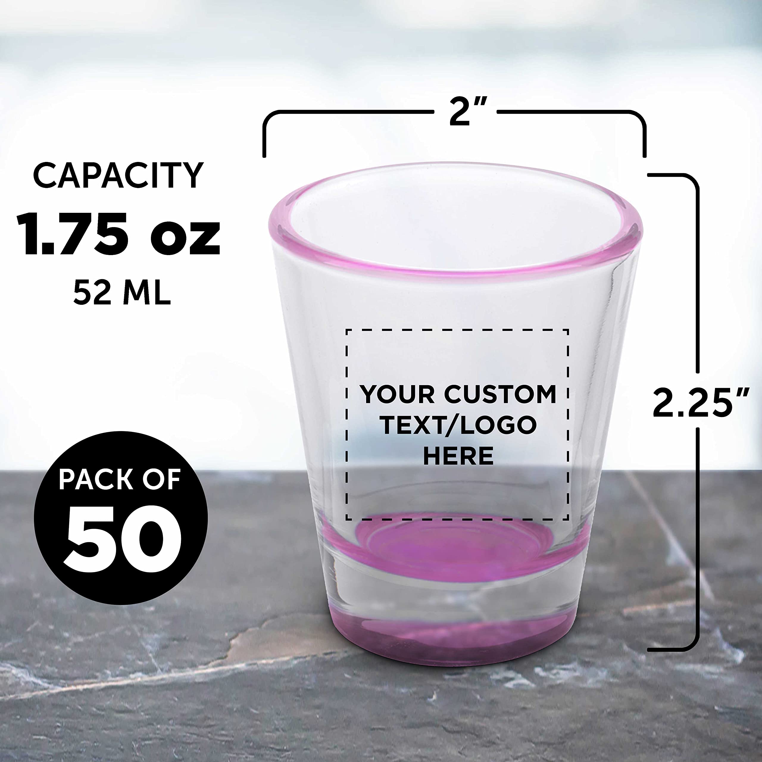 Custom Shot Glasses 1.75 oz (50-Piece Bulk Set) - Personalized Barware for Weddings, Bachelorette Parties & Events - Color Bottom Pink - Perfect for Cocktail Parties, Bridal Showers & Birthday Celebrations
