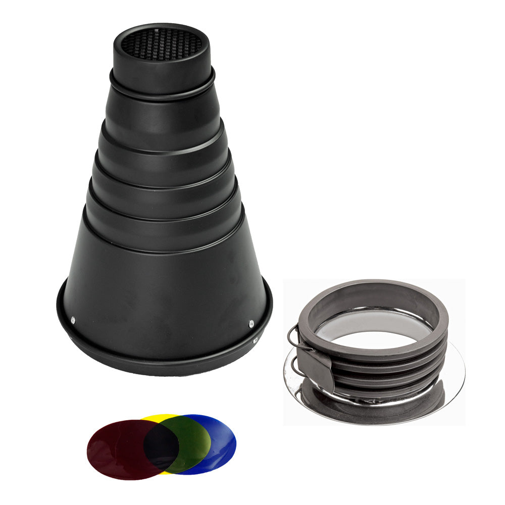 Interchangeable Conical Snoot with Honeycomb Grid & Color Gels - Perfect for Studio Photography, Portrait Lighting, and Creative Light Control