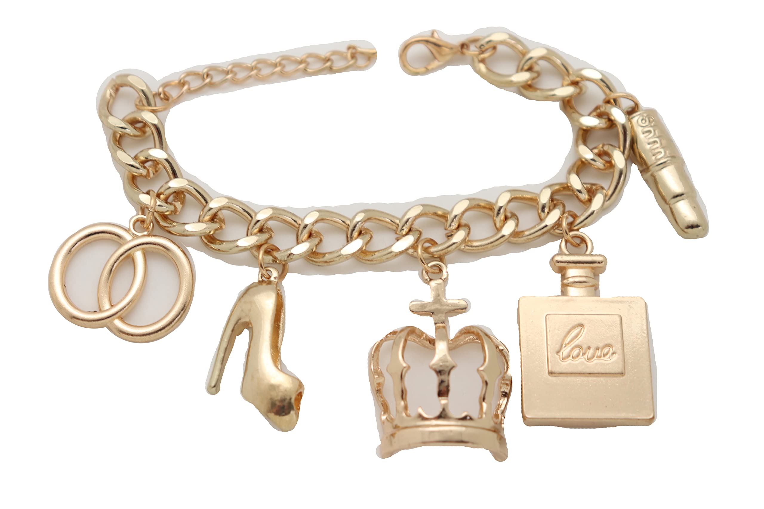 Gold Queen Crown Bracelet for Women - Elegant Metal Chain Fashion Jewelry with Lipstick & Perfume Charms | Perfect for Parties, Weddings & Royal-Themed Events