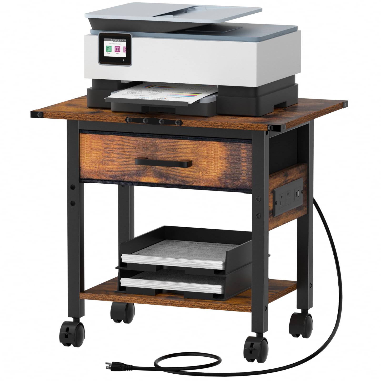 Lerliuo 2-Tier Under Desk Rolling Printer Stand with Charging Station & USB Ports, Lockable Wheels Printer Cart with Fabric Drawer - Compact Printer Table for Home Office Workspace (Brown) | Perfect for Organizing Printers, Scanners & Office Supplies Under Your Desk
