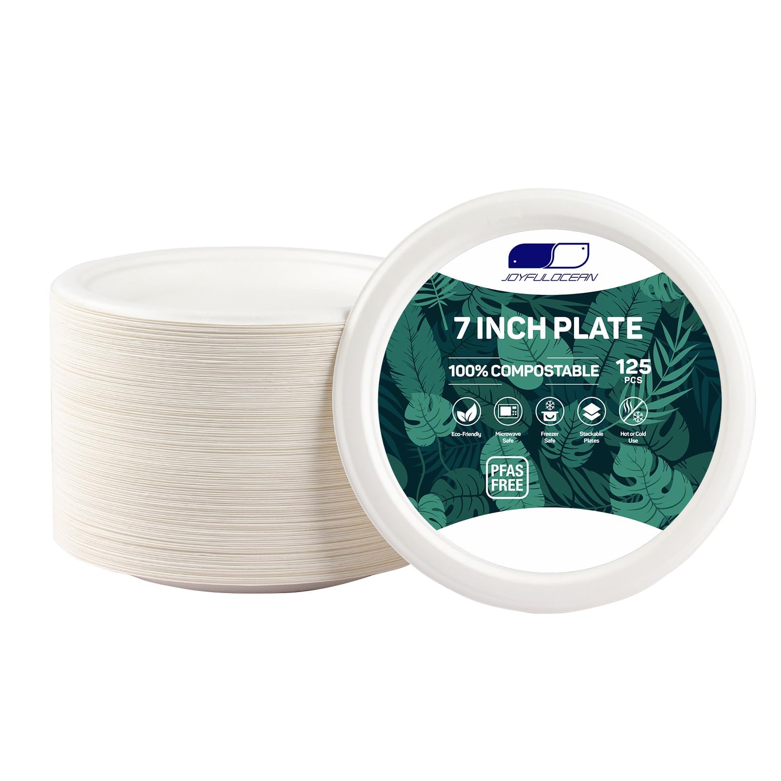 7 Inch 100% Compostable Disposable Paper Plates - 125 Pack Heavy-Duty Eco-Friendly Sugarcane Fiber Party Plates (White) | PFAS-Free & BPI Certified | Perfect for BBQs, Picnics, Birthday Parties & Catering Events
