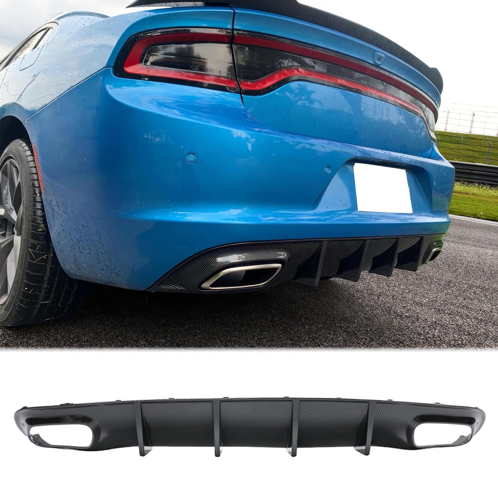 FREEMOTOR802 Rear Diffuser V2 Style - Carbon Fiber Print PP Spoiler for 2015-2023 Dodge Charger Base & SXT Trims | Enhanced Aerodynamics & Sporty Look | Perfect for Car Upgrades & Street Racing