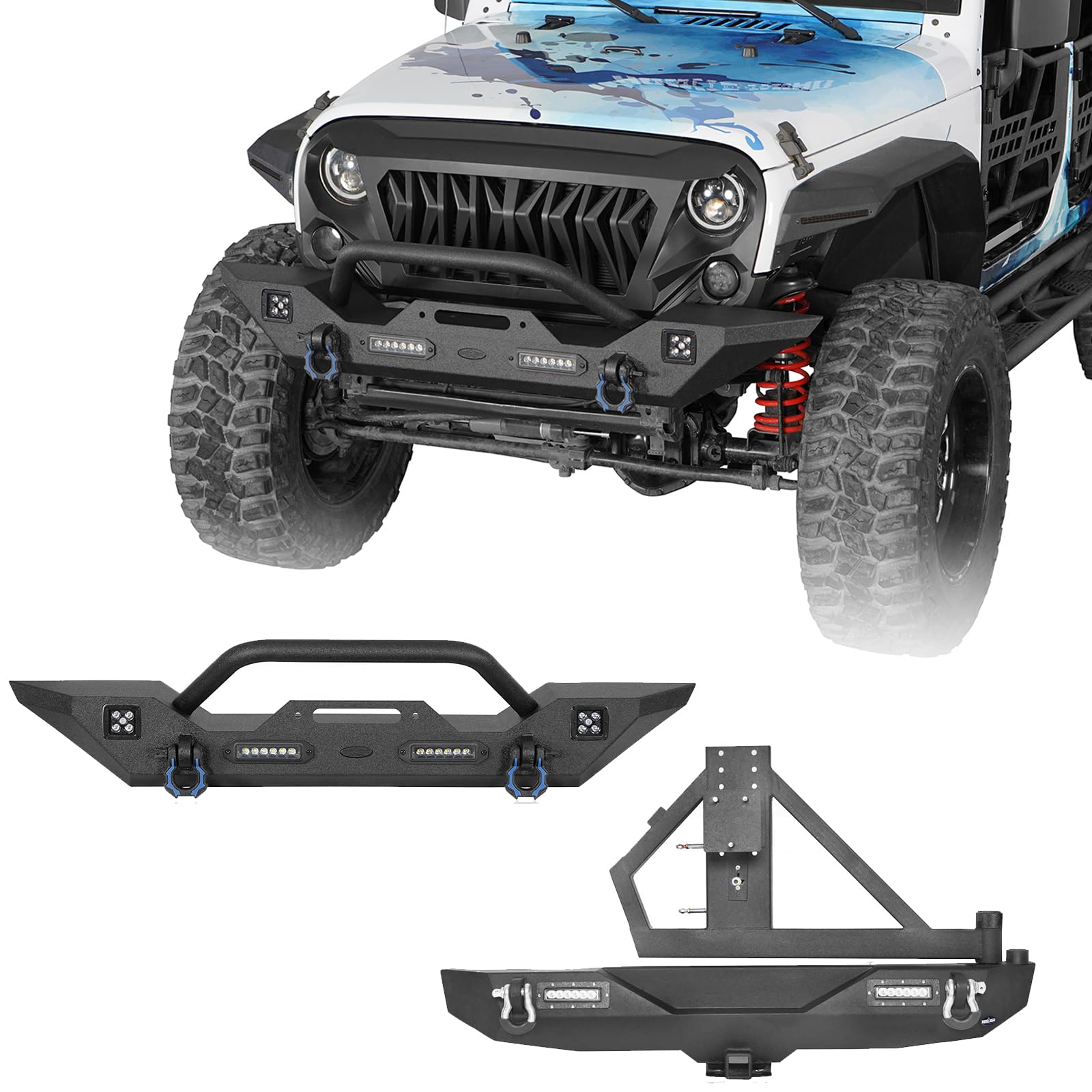 Hooke Road Jeep Wrangler JK Rear Bumper with Tire Carrier & Front Bumper Combo Kit for 2007-2018 Jeep Wrangler JK & Unlimited 2/4 Door Models - Off-Road Protection & Adventure Ready