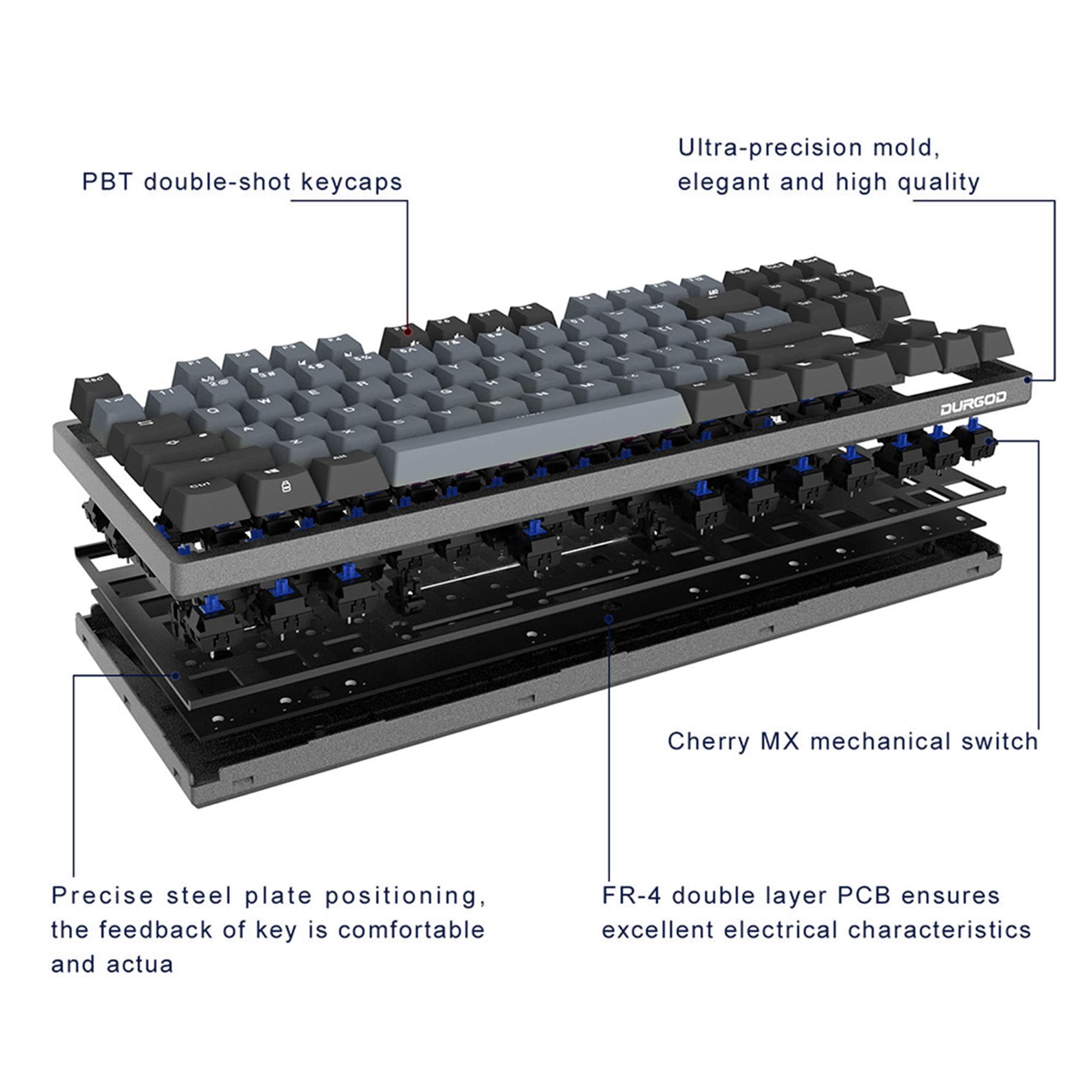 DURGOD Taurus K310 104-Key Mechanical Gaming Keyboard - Double Shot PBT Keycaps - NKRO - USB Type C (Cherry MX Blue Switches, Black, ANSI/US Layout) - Perfect for PC Gaming, Office Work & Typing Enthusiasts