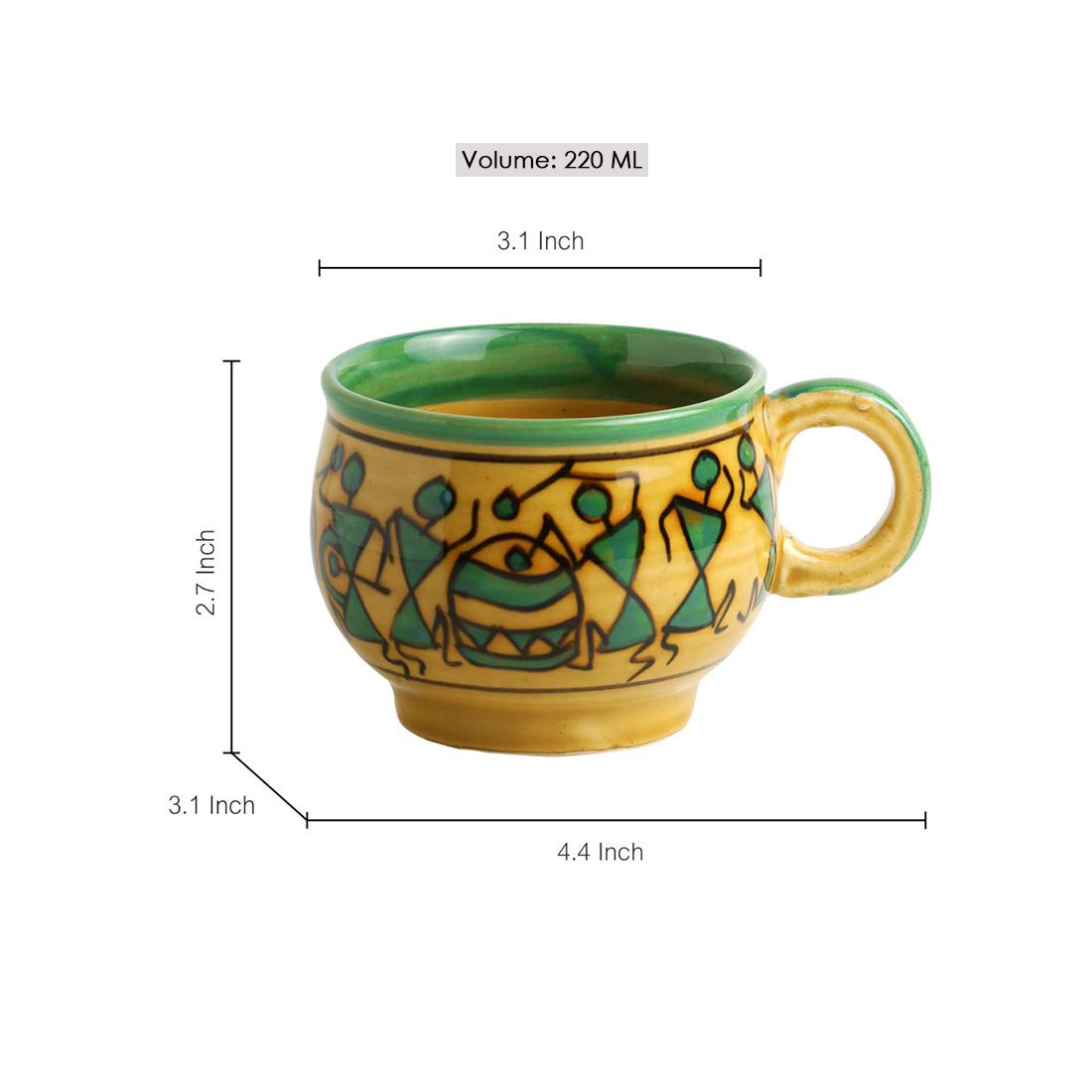 Handpainted Warli Ceramic Coffee Mugs Set of 6 | 220ml Tea Cups for Chai, Coffee & Hot Drinks | Microwave Safe Sand Yellow Mugs | Perfect for Home, Office & Gifts