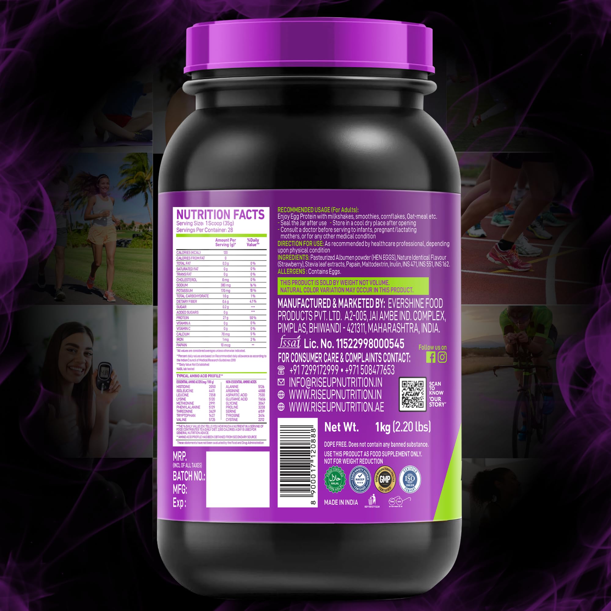 R.U.N-RISE UP NUTRITION Egg White Protein Powder - 27g Protein & 14g EAA | Lactose, Soy & Gluten Free | Strawberry Flavor - 1kg for Athletes, Gym & Fitness | Supports Immunity & Muscle Recovery - Perfect for Post-Workout Shakes & Smoothies