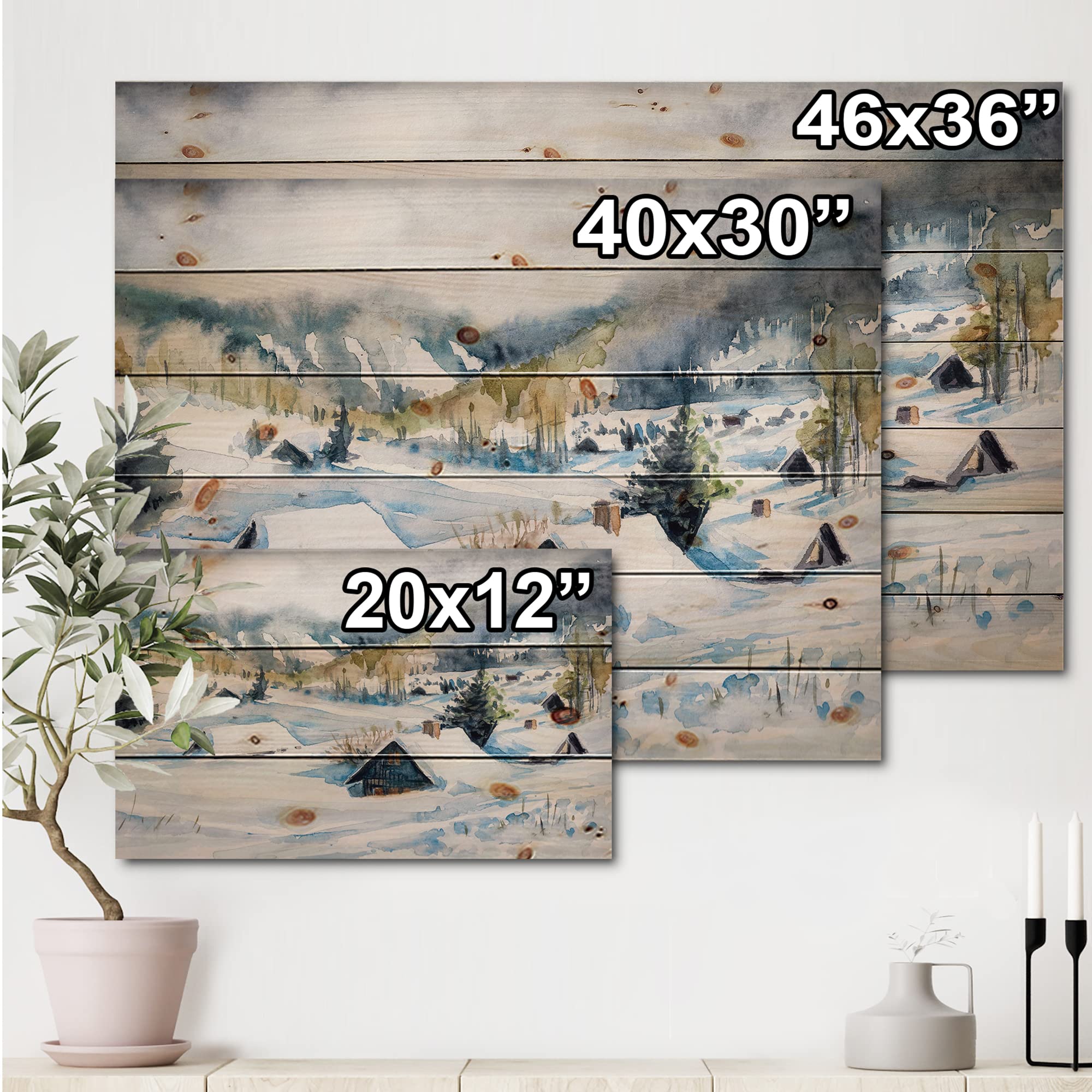 DesignQ Winter Mountain Village Traditional Wood Wall Art - Large Landscape Pine Wood Panel Decor for Living Room, Bedroom & Office