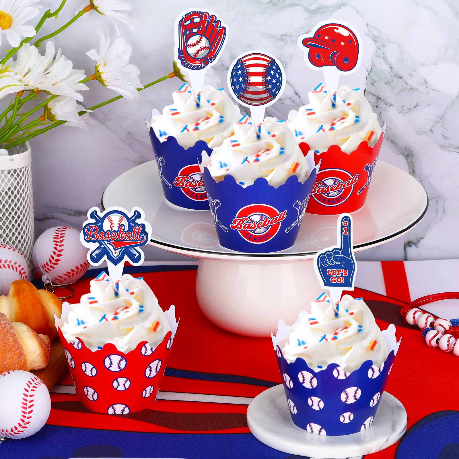 48Pcs Baseball Cupcake Toppers & Wrappers - Baseball Party Decorations for Boys Birthday, Sports Theme Parties - Perfect for Baseball Birthday Cakes, Baby Showers & Game Day Celebrations