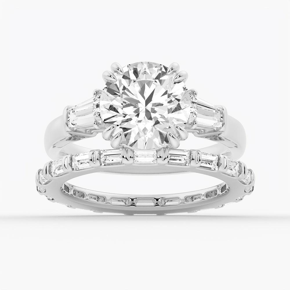 Exquisite Round Cut Moissanite Engagement Ring with Tapered Baguette Side Stones - Perfect for Proposals, Anniversaries & Special Occasions