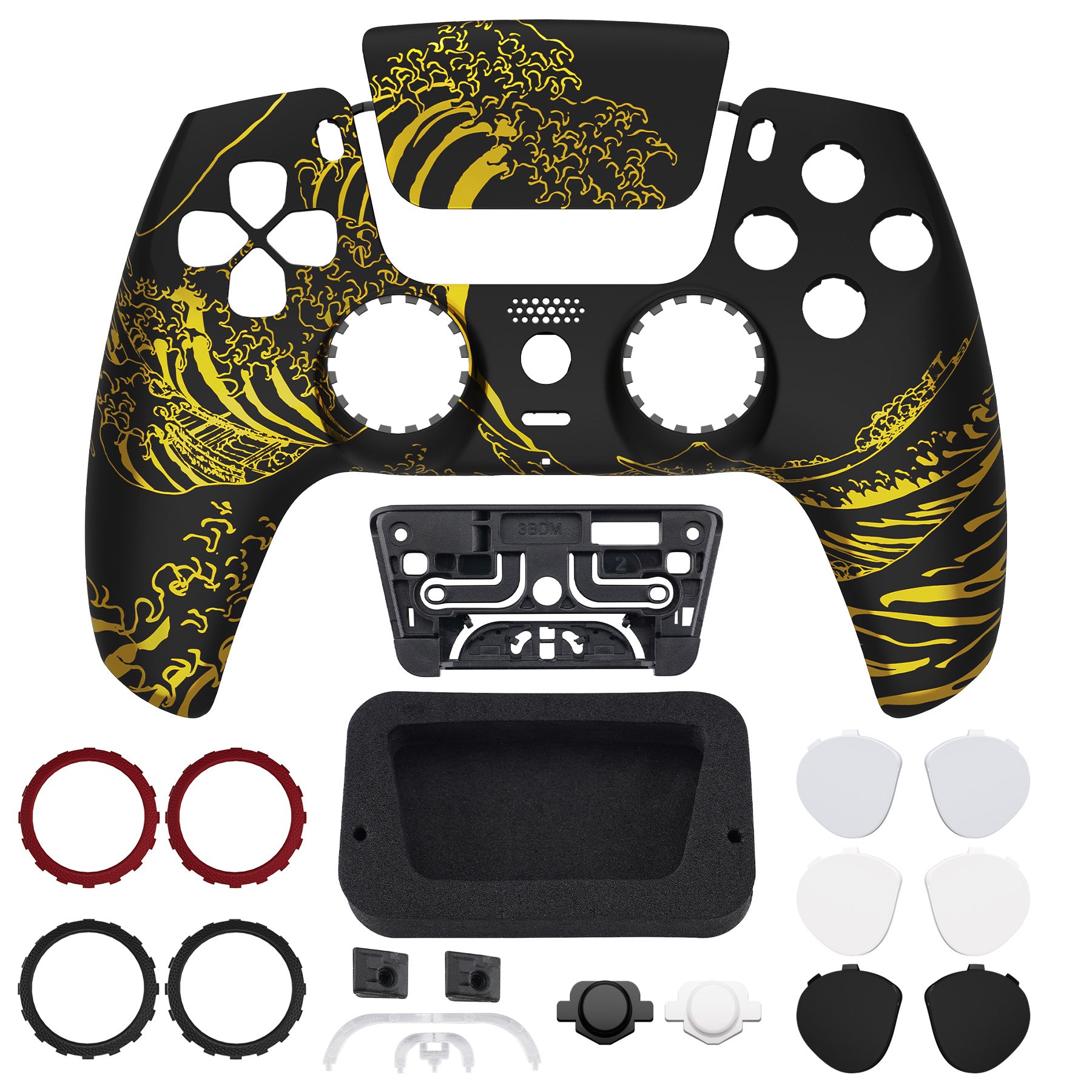 eXtremeRate LUNA Redesigned PS5 Controller Front Shell Replacement - Compatible with BDM 010/020/030/040/050 Models - Touchpad Included - The Great Golden Wave Off Kanagawa Design - Black - Perfect for Gaming Enthusiasts & PS5 Controller Customization