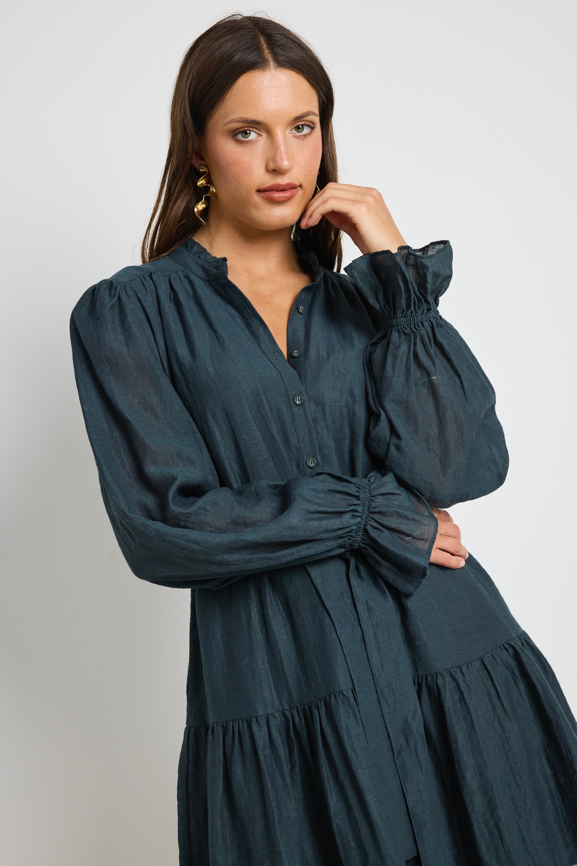 Audition Deep Forest Balloon Sleeve Drop Waist Mini Dress - Elegant Floral Print Party Dress for Women, Perfect for Weddings, Cocktails & Date Nights