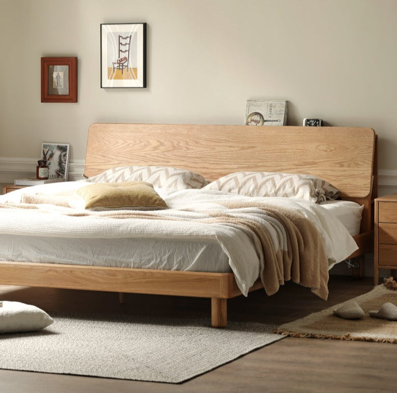 Solid Oak Wood Platform Bed with Bookshelf Headboard - Modern Bedroom Furniture for Small Spaces & Cozy Reading Nook