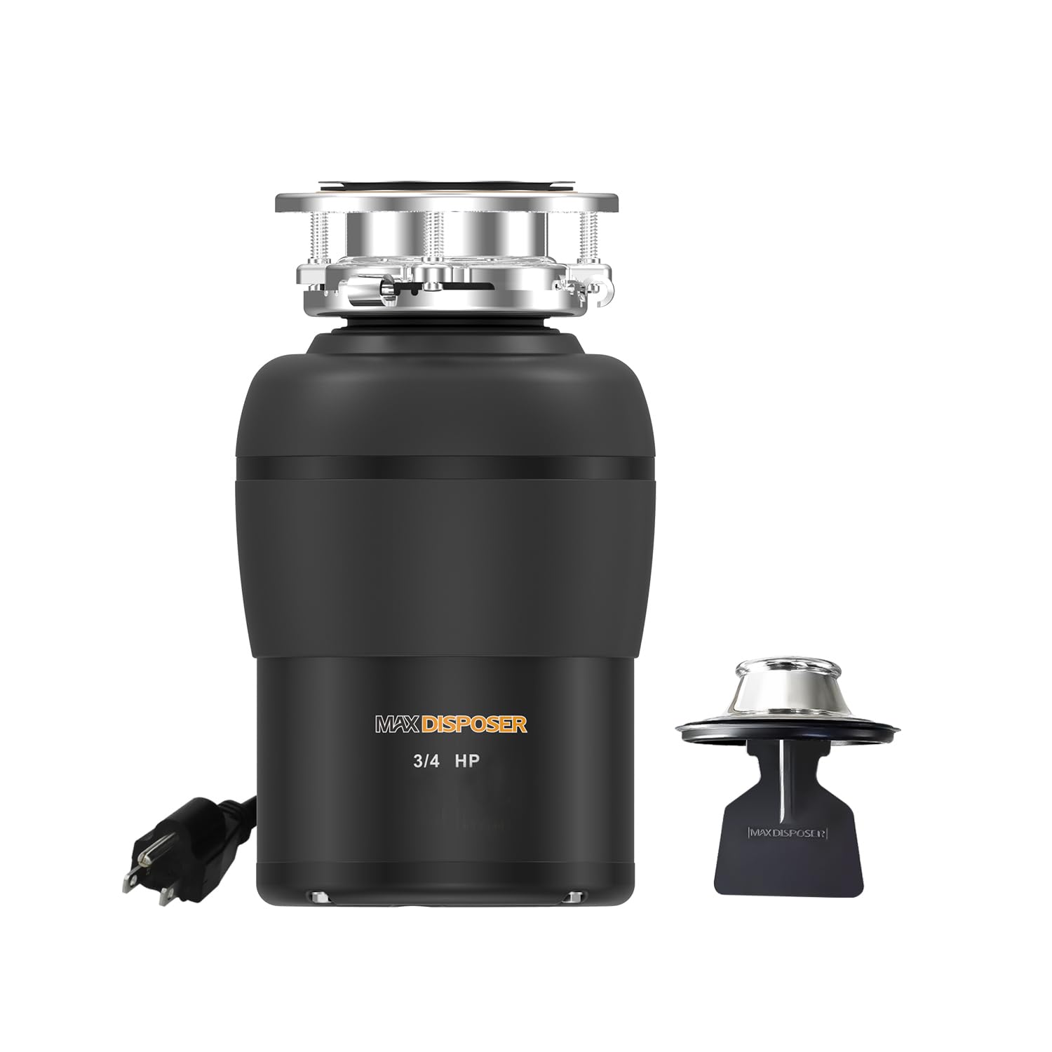 3/4 HP Quiet Garbage Disposal for Kitchen Sink with Stopper & Power Cord - Easy Install Continuous Feed Food Waste Disposer, Stainless Steel Grinding System, 0.75 HP AC Motor (MAX-4) - Perfect for Daily Food Scrap Disposal & Eco-Friendly Kitchen Waste Management