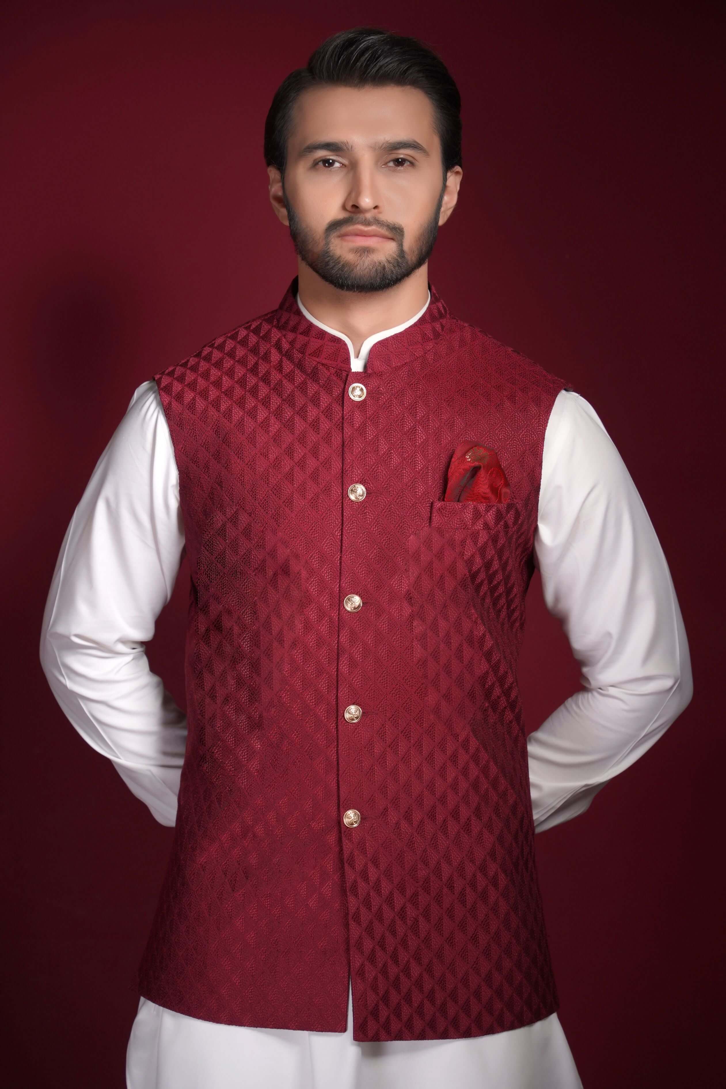 Deep Maroon Embroidered Textured Waistcoat Kurta Set for Men - Traditional Indian Ethnic Wear for Weddings, Festivals & Special Occasions