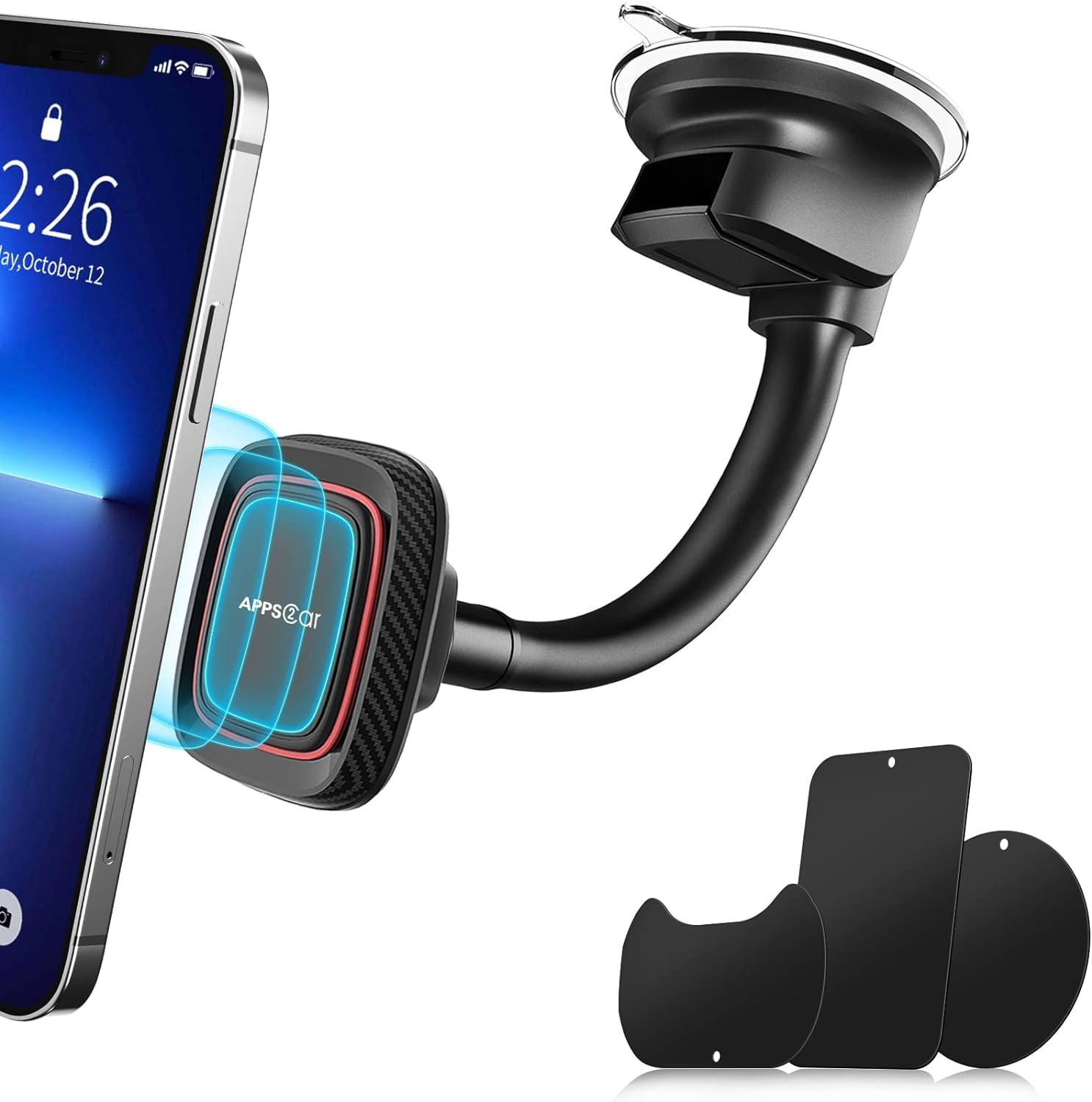 APPS2Car Magnetic Car Phone Holder Mount with 6 Strong Magnets - Universal Suction Cup Phone Mount for Windshield & Dashboard - Compatible with Most Smartphones & Mini Tablets - Perfect for Hands-Free Navigation & Safe Driving