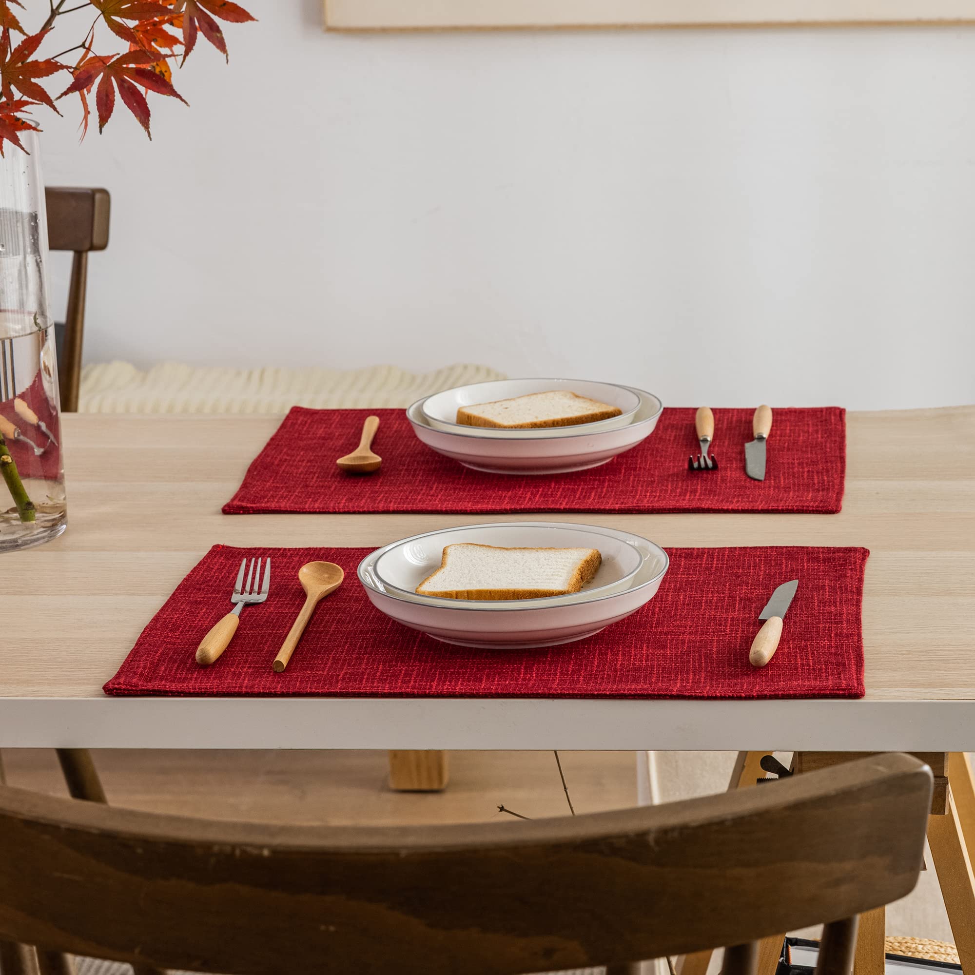 Kevin Textile 4-Piece Burlap Linen Placemats Set - Heat Resistant, Washable Dining Table Mats (13x19 Inches, Burgundy) for Valentine's Day, Kitchen & Holiday Decor