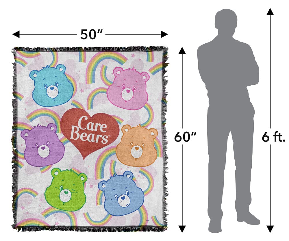 Care Bears Blanket 50x60 Inches - Soft Cotton Blend Woven Tapestry Throw with Fringed Edges - Cozy Bear Heads Design for Bed, Couch & Gift Giving