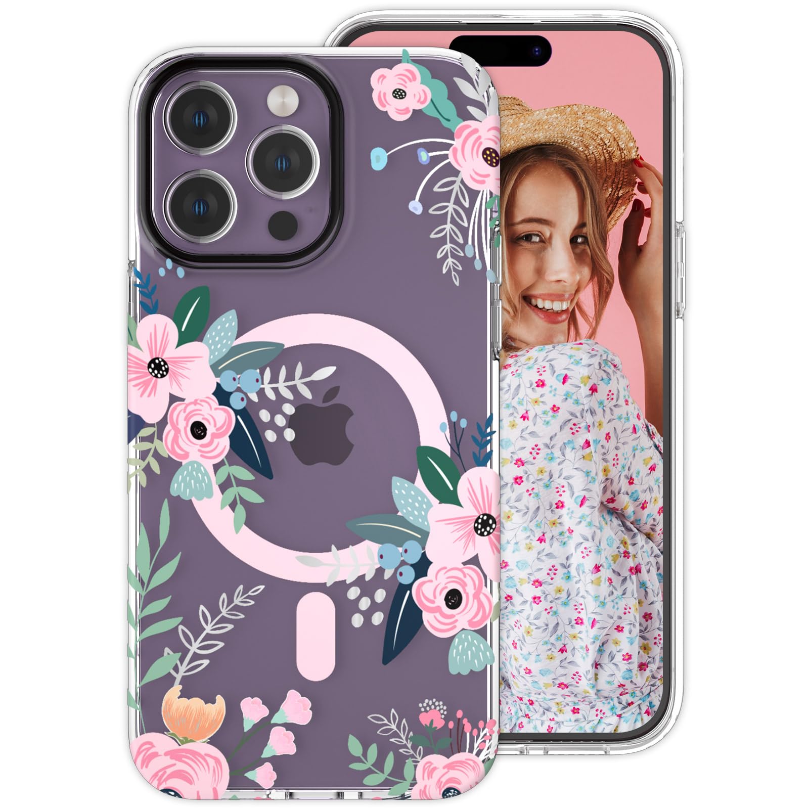 YeLoveHaw Magnetic Phone Case for iPhone 15 Pro - Slim Hard Clear Protective Cover with Rose Floral & Green Leaves Pattern | Compatible with MagSafe | Perfect for Women & Girls | Ideal for Everyday Use, Work & Travel (Pink Flower, 6.1