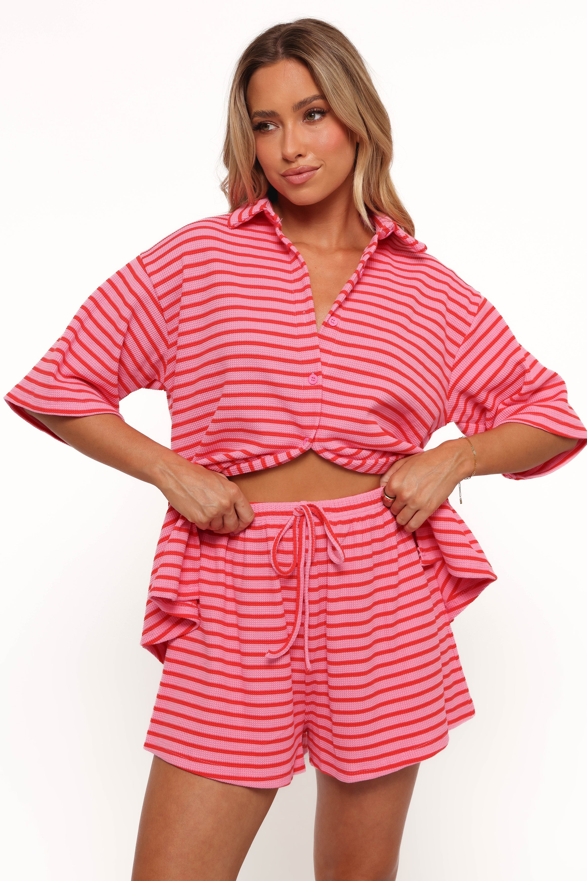 Alden Cotton Knit Set for Women - Soft Pink & Red Striped Lounge Pajama Set - Perfect for Sleepwear, Loungewear and Relaxing at Home