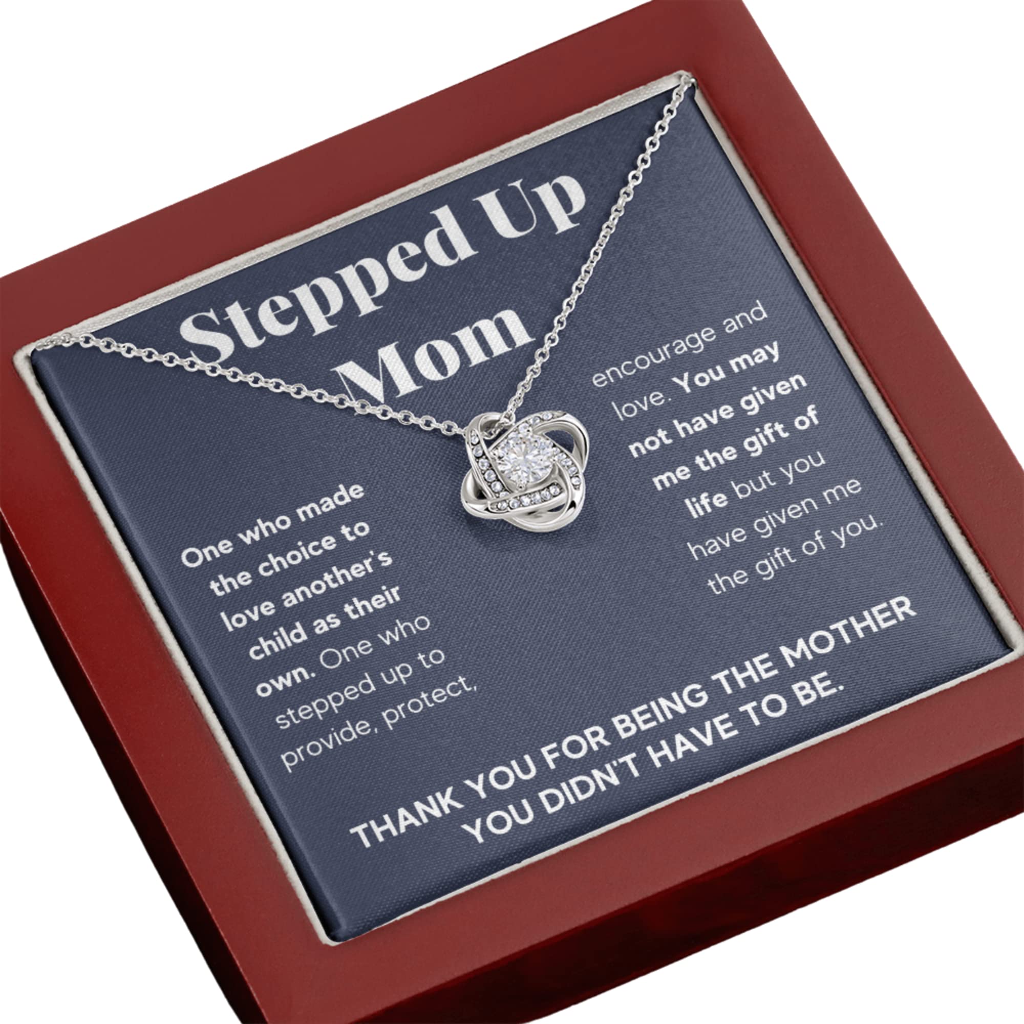 Stepmom Necklace Gift - 'Stepped Up Mom' Pendant Jewelry with Message Card & Mahogany Gift Box - Perfect for Mother's Day, Birthday, or Thank You Gift from Stepdaughter or Stepson - Bonus Mom Gift for Special Occasions