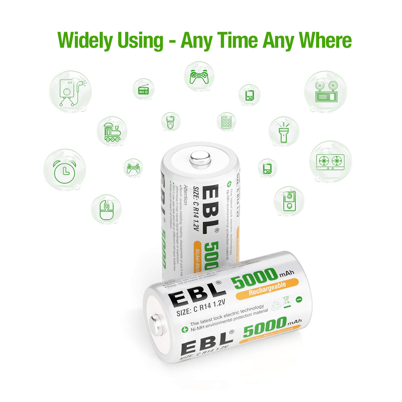 EBL 5000mAh C Size Ni-MH Rechargeable Batteries (2-Pack) - Long-Lasting Power for Flashlights, Toys, and Emergency Devices