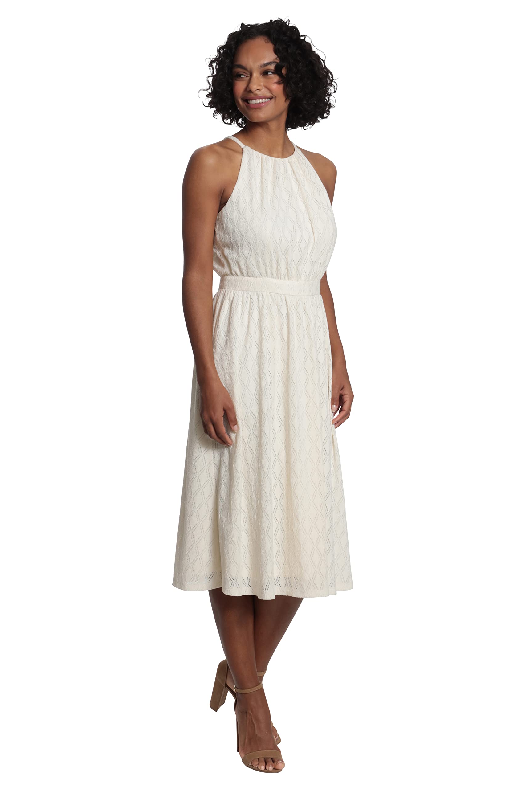 London Times Women's Knee-Length Halter Dress with Lace for Party & Wedding