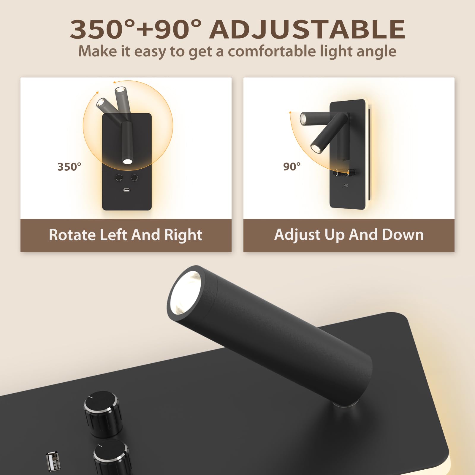 Dimmable LED Wall Mounted Reading Light - Adjustable 0.9-3.7W & 1.2-6W Backlight with USB Port - Modern Wall Sconce for Bedroom, Living Room & Study - Black