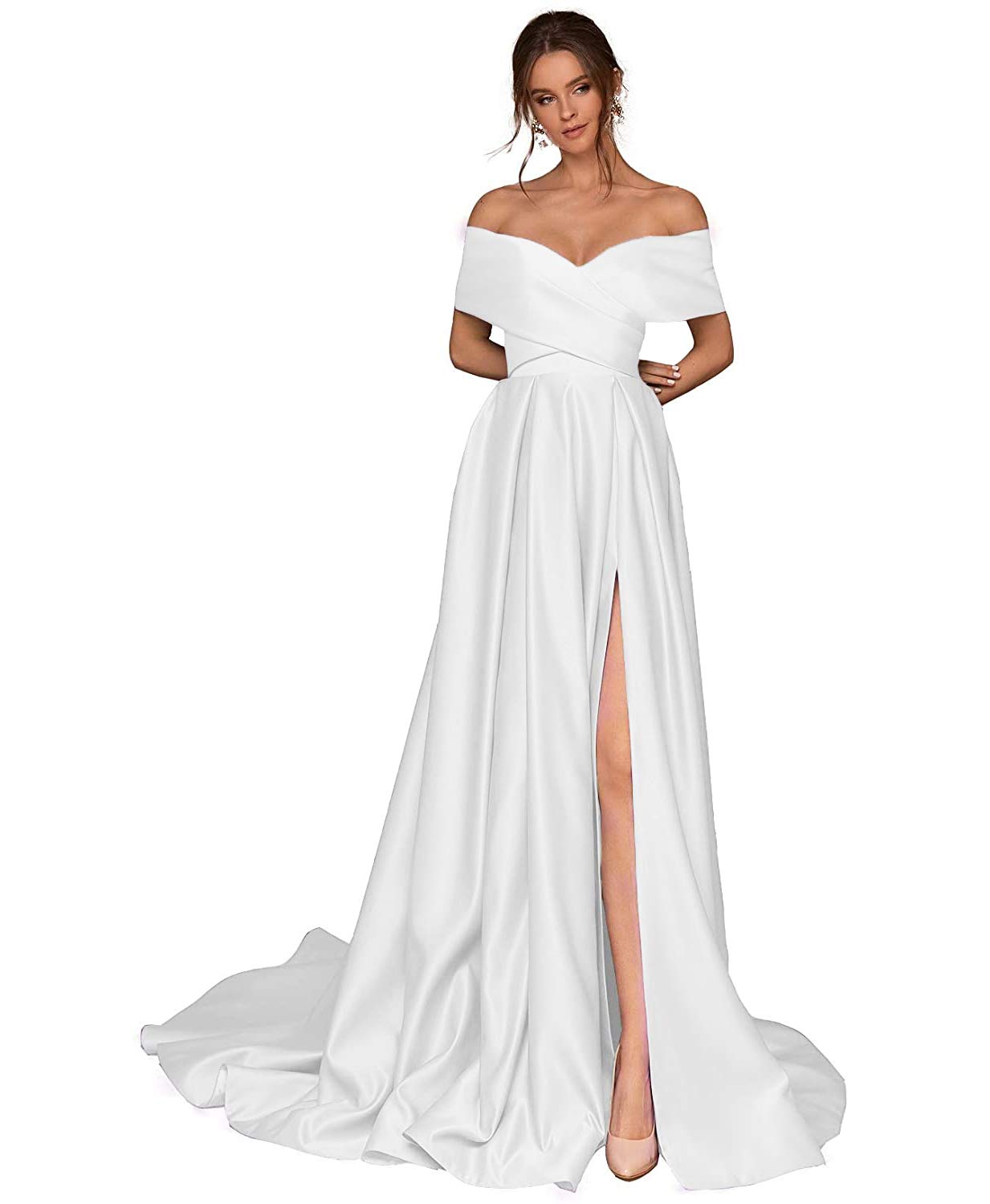 Clovile Women's Off The Shoulder Prom Dress - Elegant Satin Long Evening Gown with Thigh High Slit & Pockets - Perfect for Homecoming, Formal Dances & Special Occasions