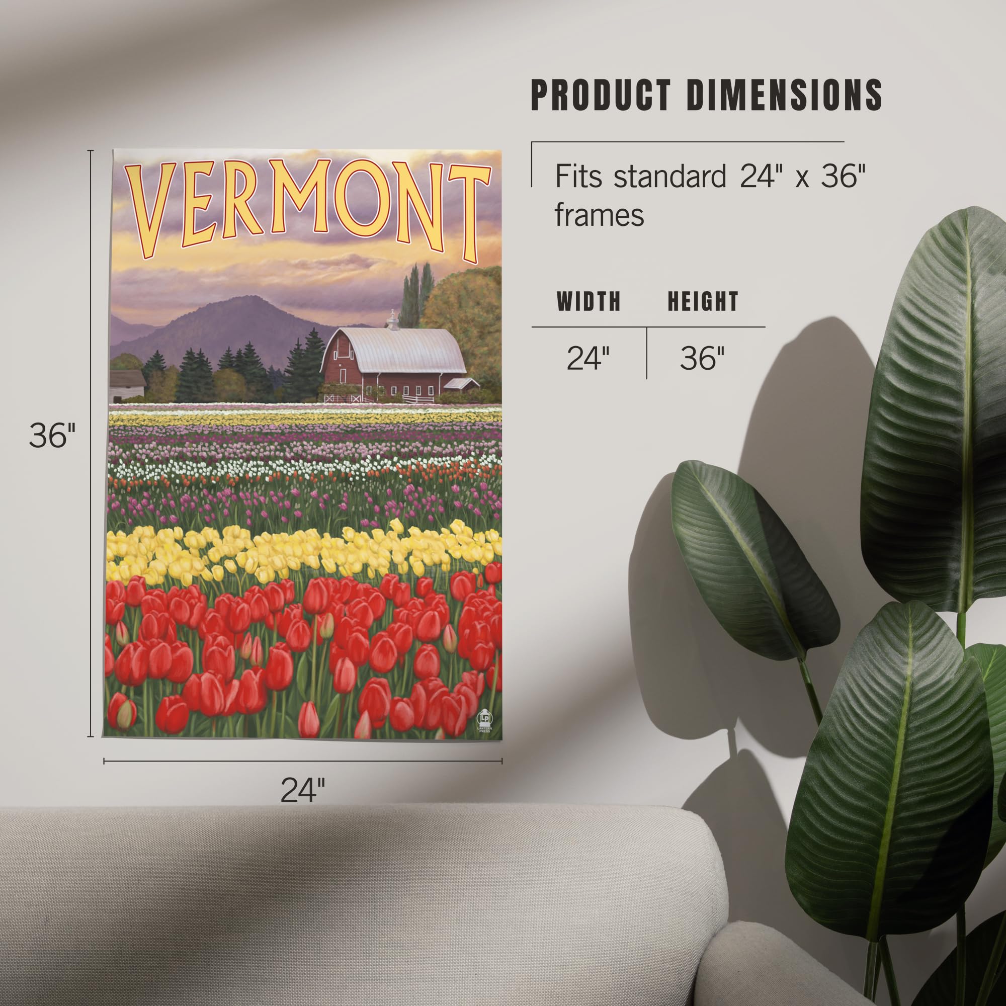 Lantern Press 24x36 Inch Giclee Art Print - Vermont Tulip Fields Wall Decor - Premium Canvas Painting for Living Room, Bedroom & Office