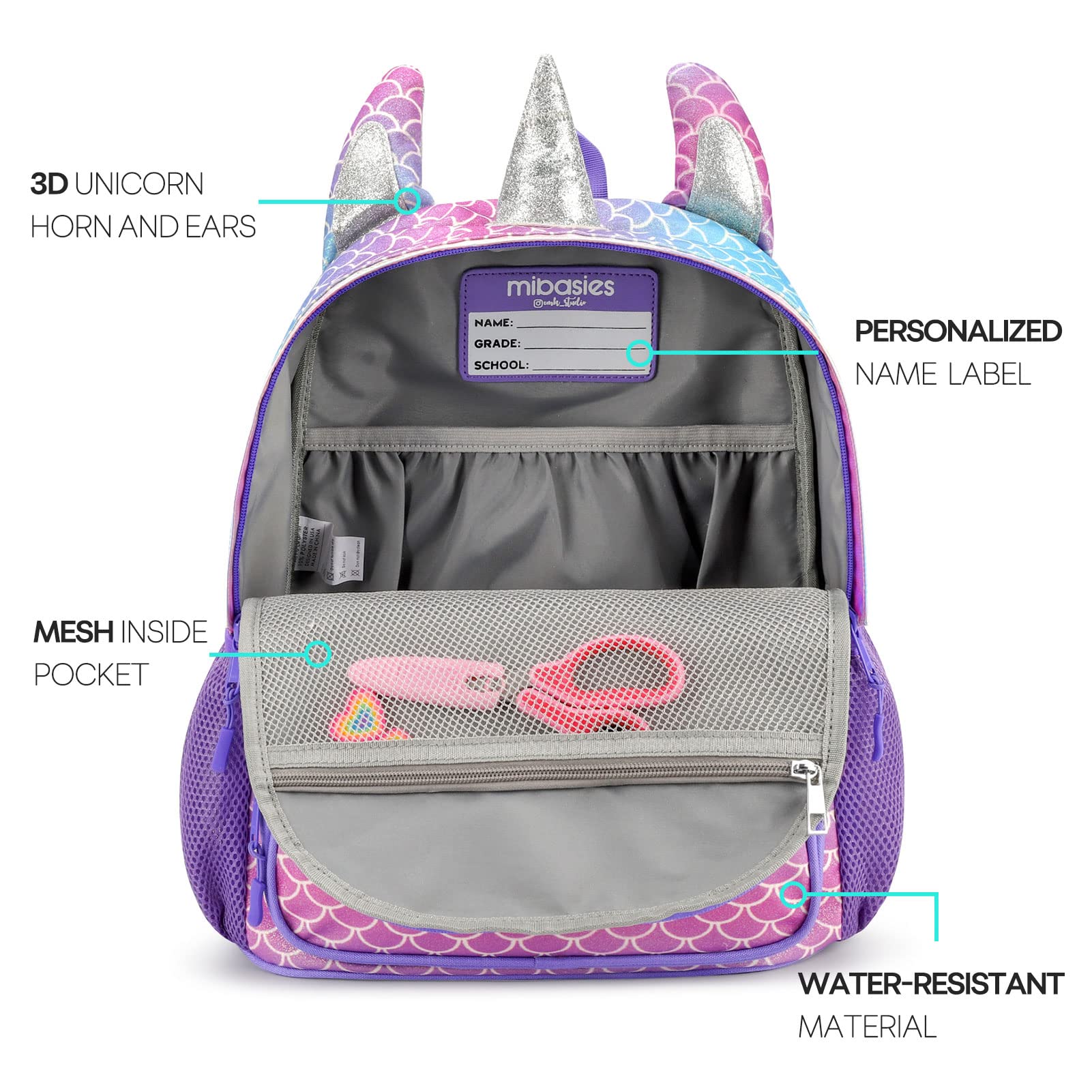 Mibasies Unicorn Backpack for Girls - Glitter Rainbow School Bookbag with Mermaid Design, Durable Kids Backpack for Elementary School, Travel & Daily Use (Purple)