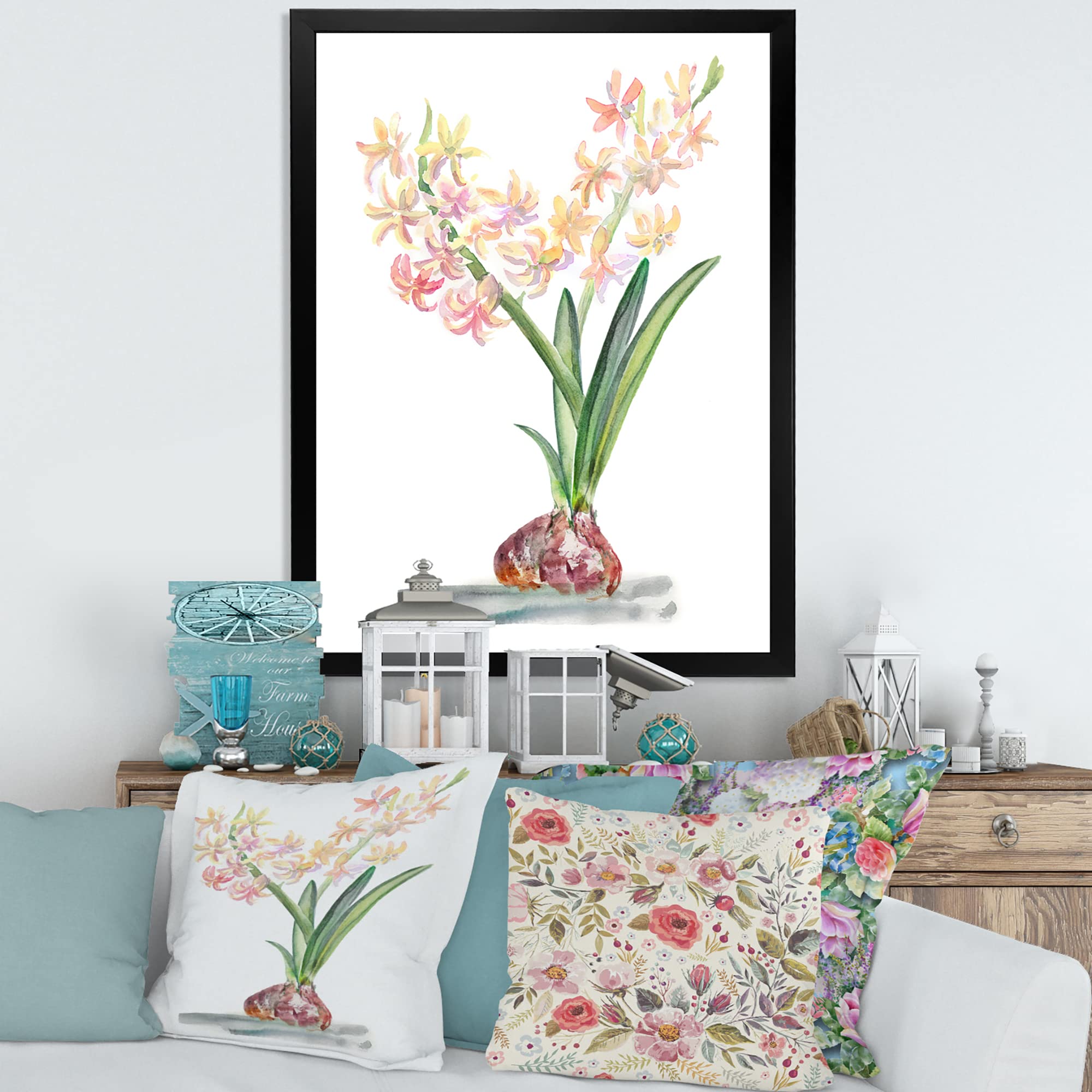 DesignQ Blossoming Hyacinth Spring Floral Framed Wall Art - Traditional Home Decor for Living Room, Bedroom & Office