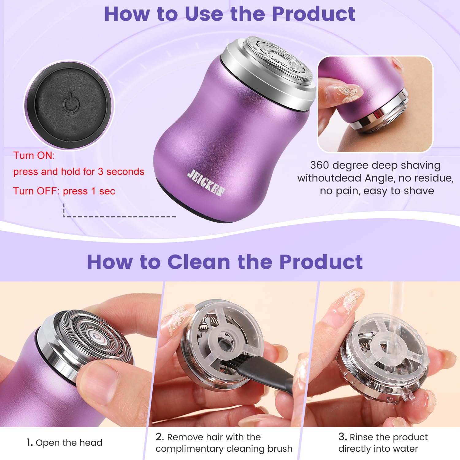 Women's Mini Electric Facial Hair Remover Shaver - Portable Epilator & Trimmer for Face, Arms, Legs | Painless Hair Removal Device | Perfect for Travel, Home & On-the-Go Use (Purple)