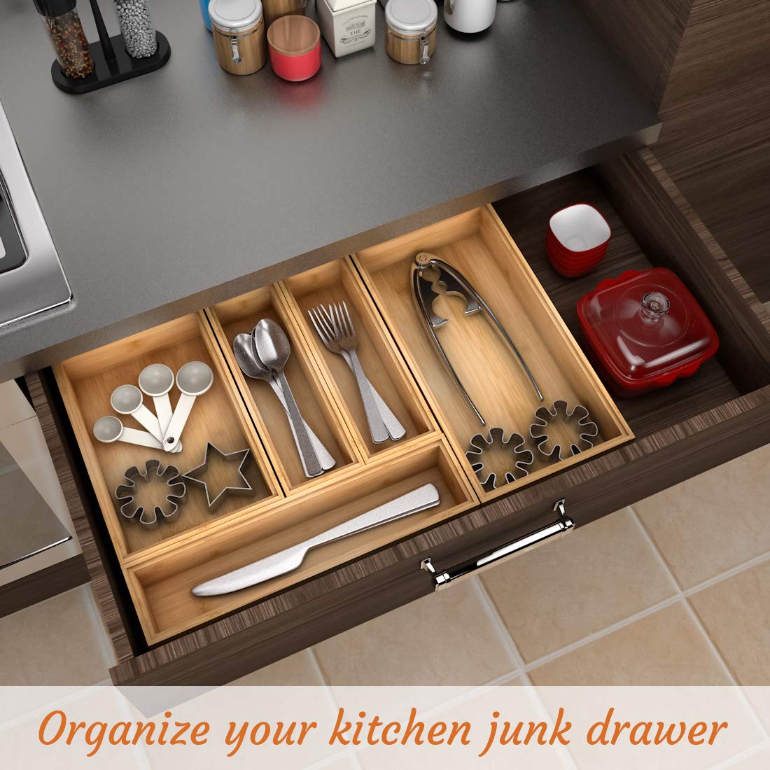 Multi-Purpose Wooden Drawer Organizer - Kitchen Utensil Holder & Bathroom Countertop Caddy (12