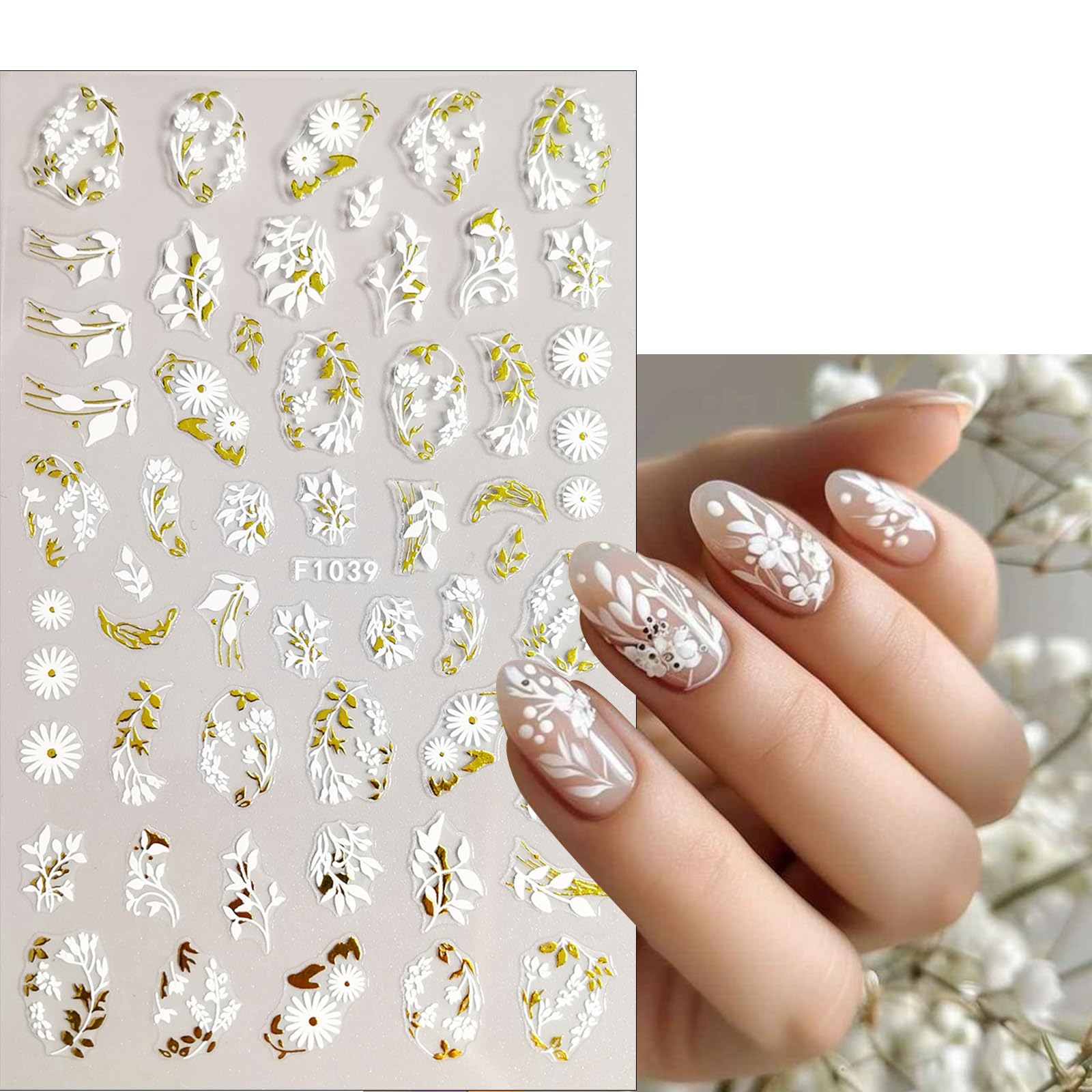 8 Sheets White Gold Flower Nail Art Stickers - 3D Self-Adhesive Daisy Floral Leaves Nail Decals with Holographic Cherry Blossom & Metal Petal Butterfly Designs for Women | Perfect for Nail Salon, DIY Manicure, Party & Wedding Nail Decorations