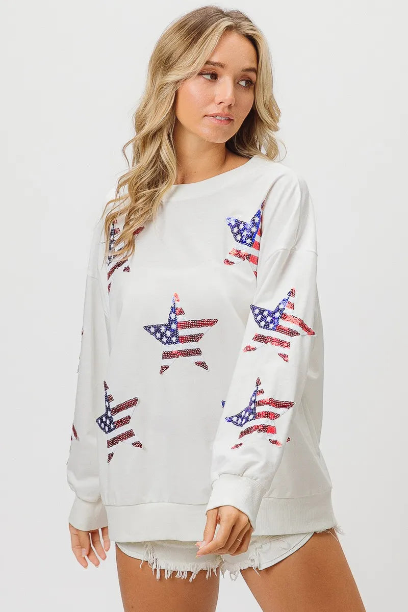 BiBi American Flag Sequin Star Sweatshirt - Patriotic Pullover with Sparkling Stars | Perfect for 4th of July, Veterans Day & USA Themed Parties